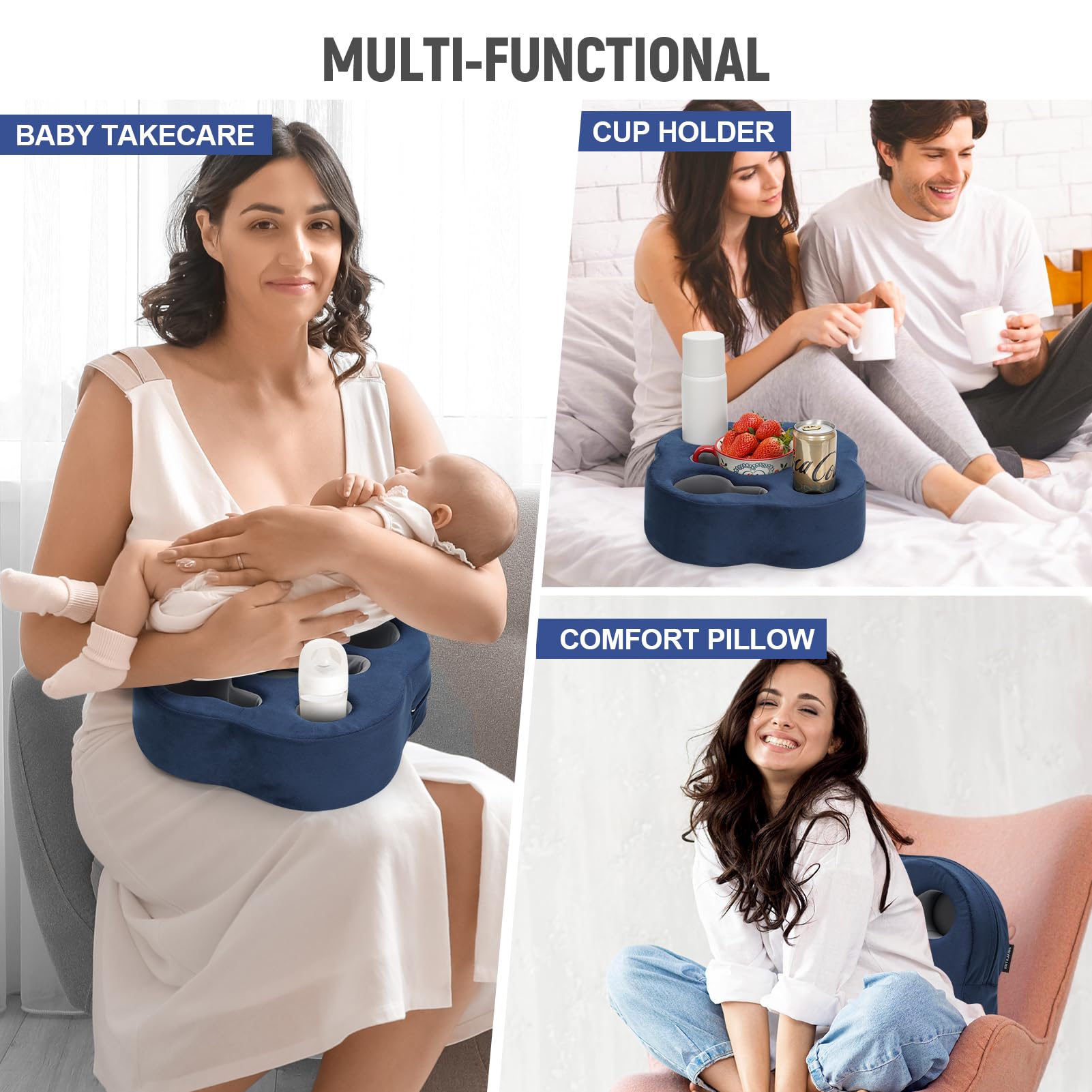 Universal Couch Cup Holder Pillow - Sofa & Bed Organizer Caddy for Drinks, Remote Controls, Phones & Snacks - Navy Blue - Perfect for Movie Nights & Relaxing at Home