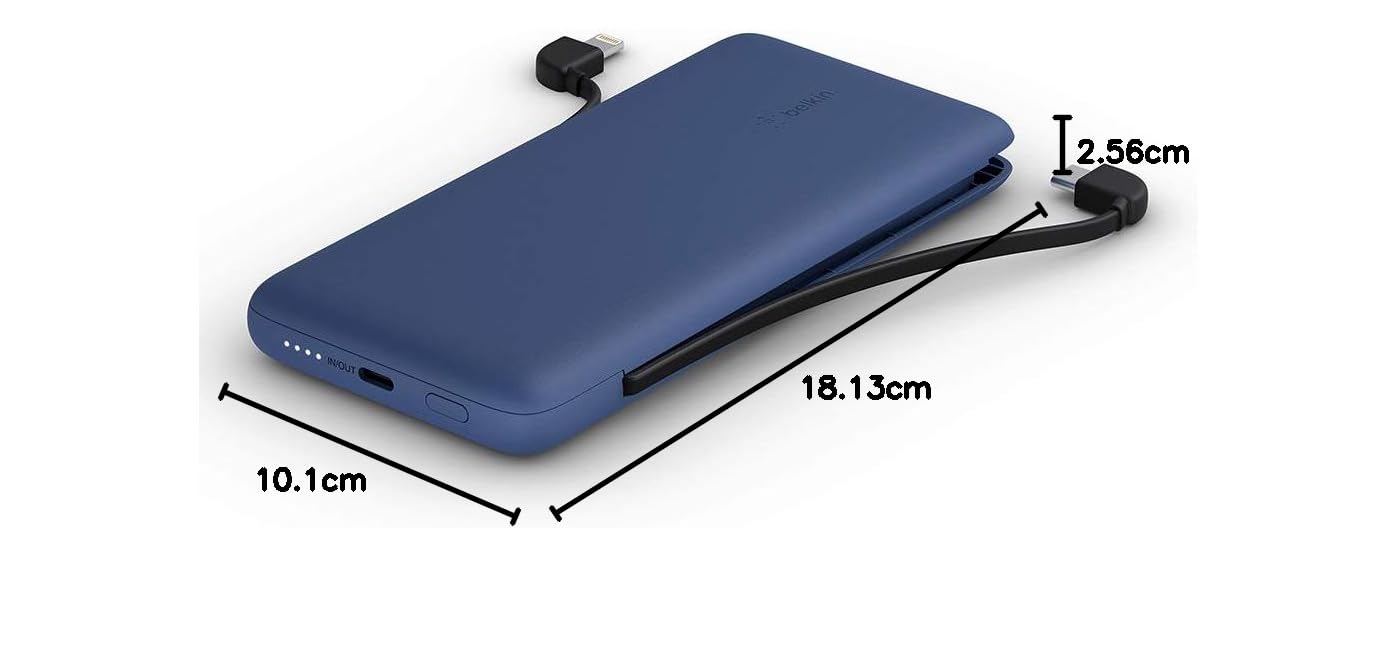 Belkin BOOSTCHARGE Plus 10K Portable Power Bank (10,000mAh) with Built-in Lightning & USB-C MFI Cables, USB-C Charging Port - Blue | Fast Charging for iPhone, iPad, AirPods & More | Perfect for Travel, Camping & Emergency Power Backup