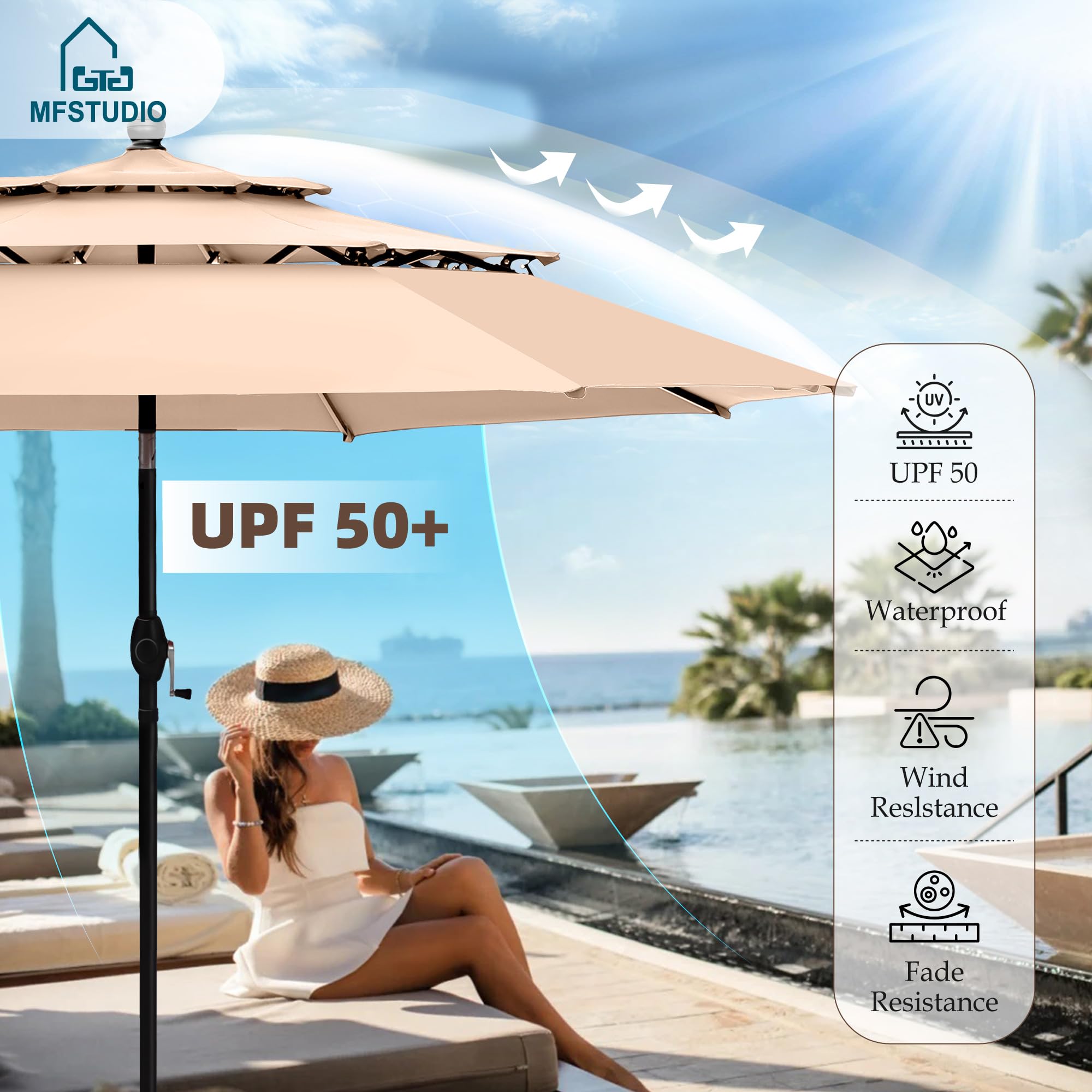 MFSTUDIO 6-Piece Outdoor Rattan Patio Dining Set with Umbrella - Wicker Square Table & 4 Beige Chairs - Perfect for Backyard, Garden, Poolside & Outdoor Entertaining