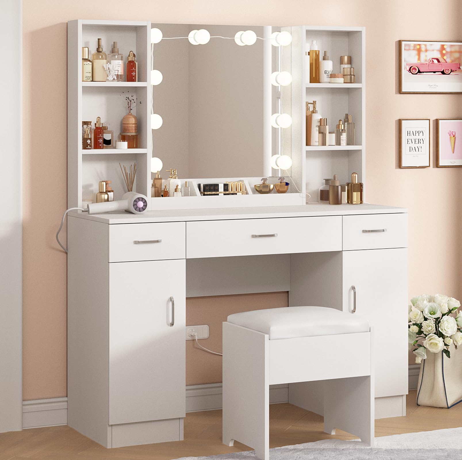 Vabches White Makeup Vanity Desk with LED Lights - 3 Adjustable Lighting Colors, Large Dressing Table with 3 Drawers, 2 Cabinets & Multiple Shelves (45.2 Inch) - Perfect for Bedroom, Dorm Room & Beauty Salon Makeup Station
