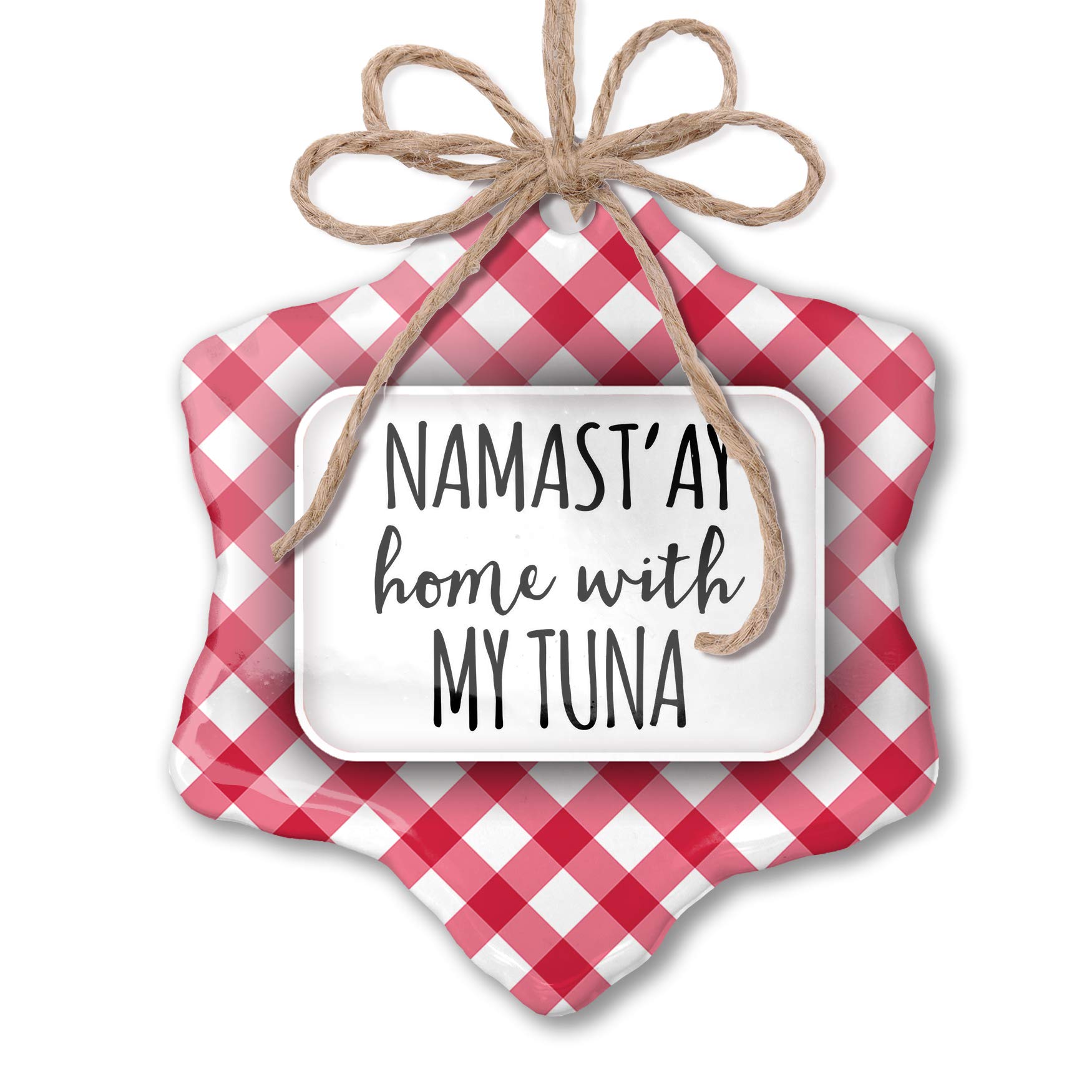 Namast'ay Home with My Tuna Christmas Ornament - Funny Holiday Decoration with Red Plaid Design - Perfect for Tree Decor, Gift Exchange & Festive Home Decor