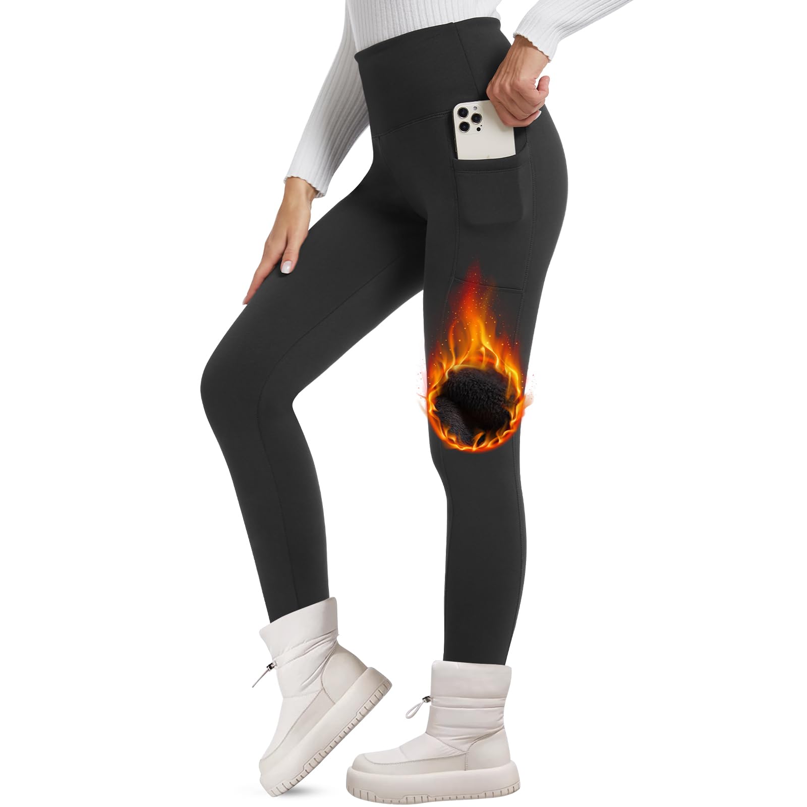 FOTOCI Women's Fleece-Lined Thermal Leggings with Pockets - High Waist Winter Warm Yoga Pants for Running, Hiking & Cold Weather Activities