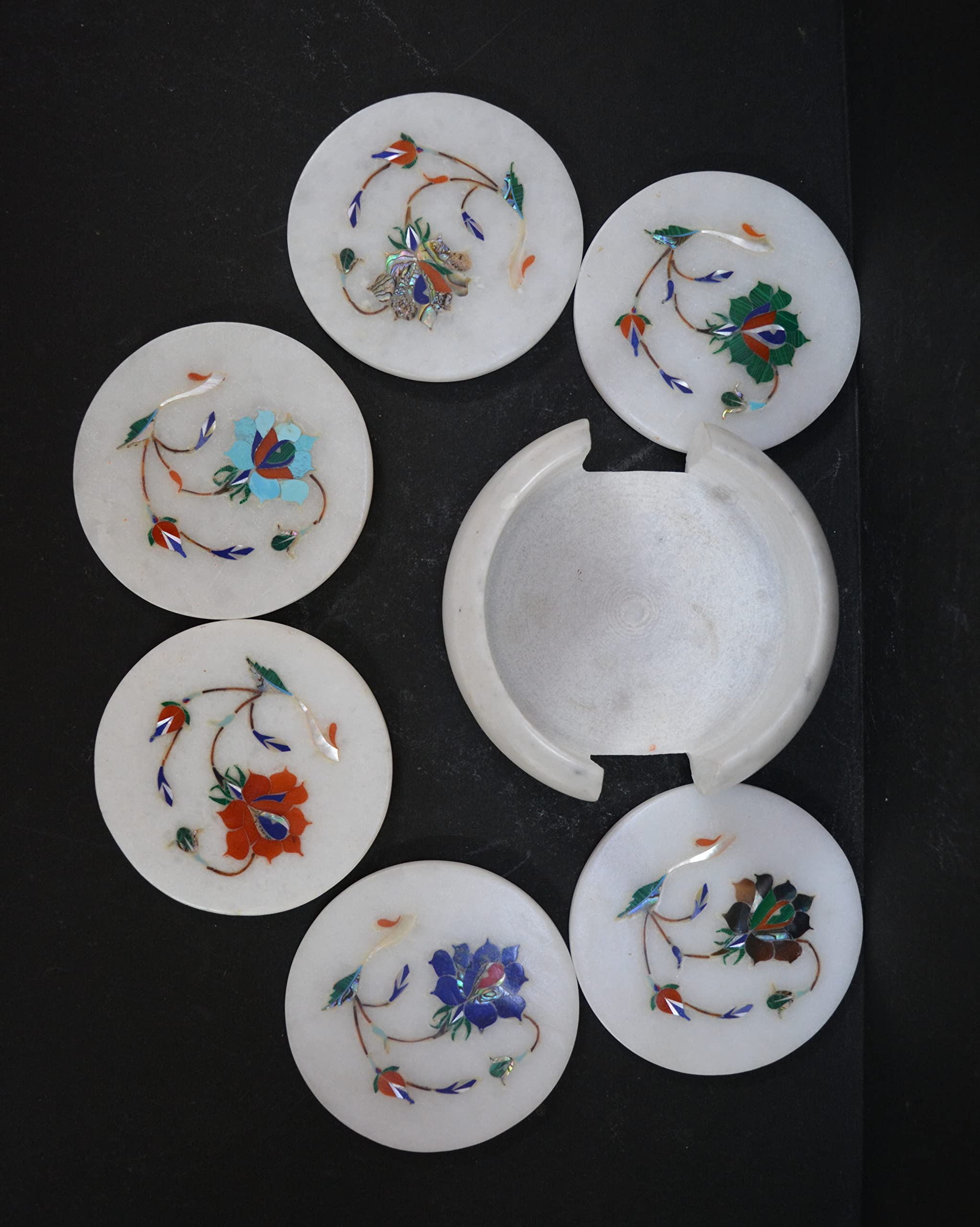 Premium White Marble Drink Coasters Set of 6 with Holder - Elegant Marble Inlay Table Coasters for Wine, Coffee & Cocktails - Luxury Home Bar & Dining Table Accessories for Parties & Entertaining