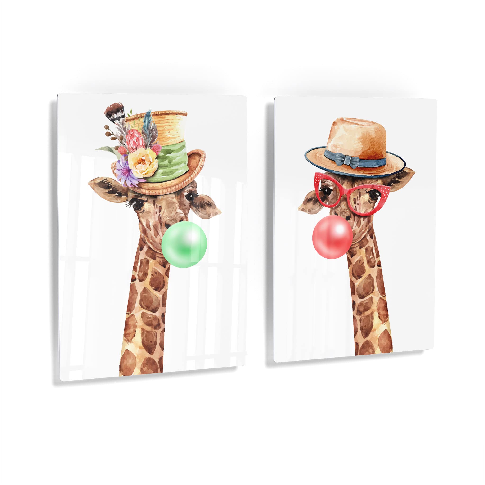 Giraffe with Flowered Hat Chewing Bubble Gum - 2 Piece Metal Wall Art Set, Animal Pop Art Decor for Living Room, Bedroom, Nursery (40x30) - Perfect for Kids Room, Baby Nursery & Modern Home Decor