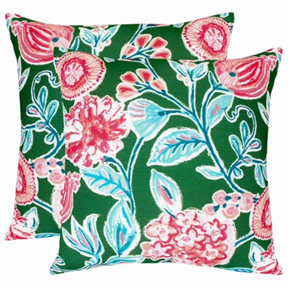 Premium Outdoor Throw Pillow - 16x16 Inches, Green Floral Design, Waterproof & UV Resistant for Patio Furniture, Garden, Poolside, and Porch Decor