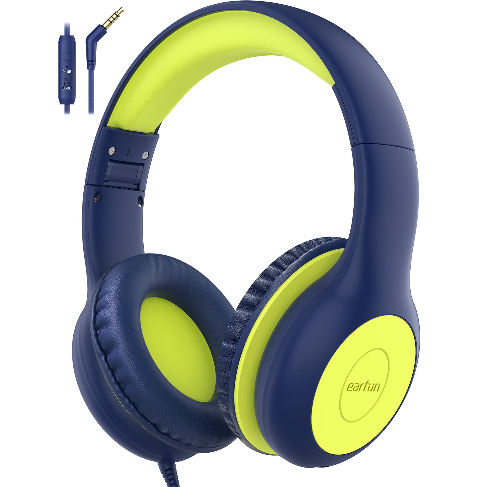EarFun Kids Wired Headphones with Microphone - 85/94dB Volume Limiting, Stereo Sound & Shareport - Foldable Design for School, Travel, iPad, Tablet (Blue Lemon) - Perfect for Online Classes, Gaming & Music Listening
