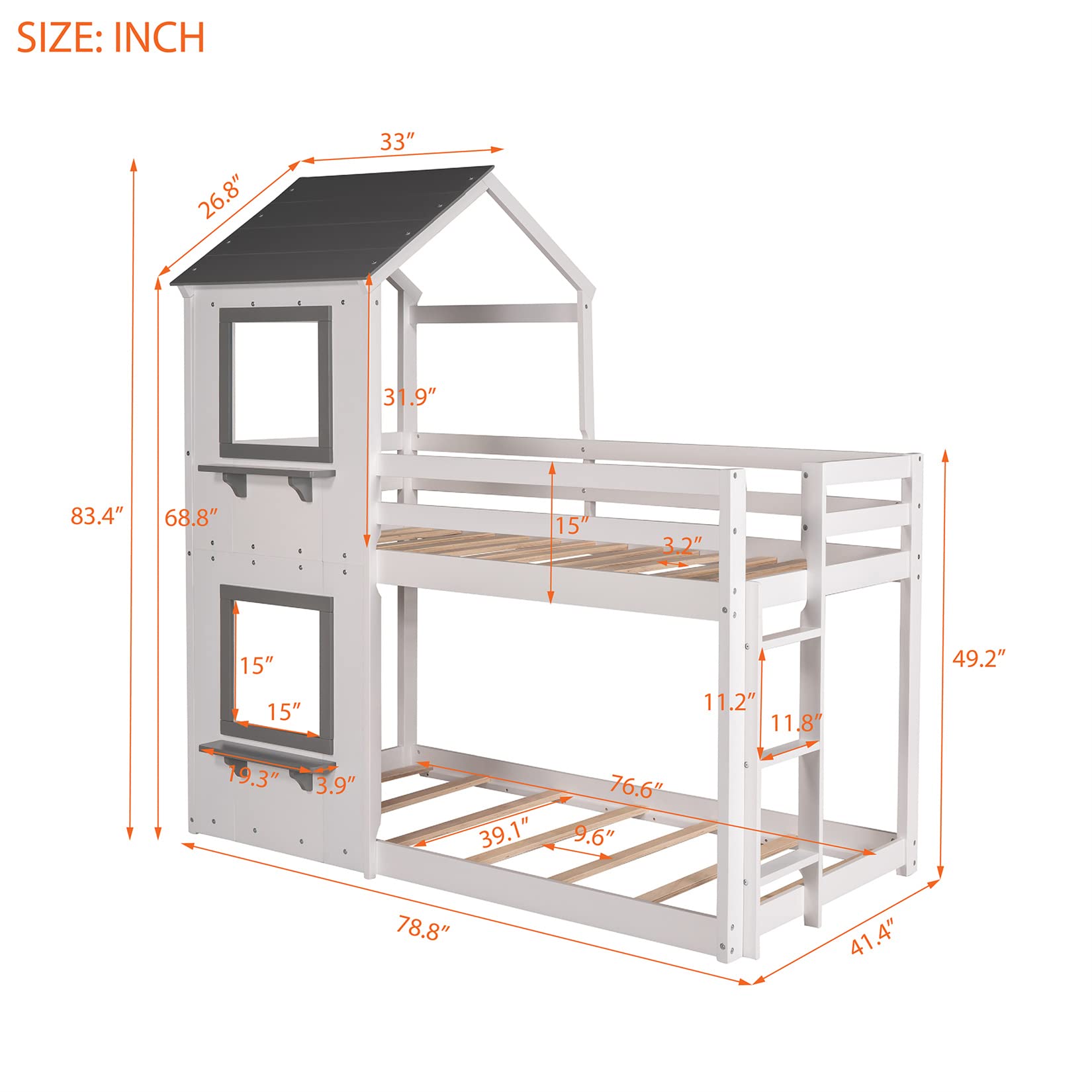 Twin Over Twin Wooden Bunk Bed Frame for Kids & Teens - Sturdy House Bunk Beds for Boys & Girls (White) - Perfect for Kids' Bedrooms, Dormitories & Space-Saving Home Decor