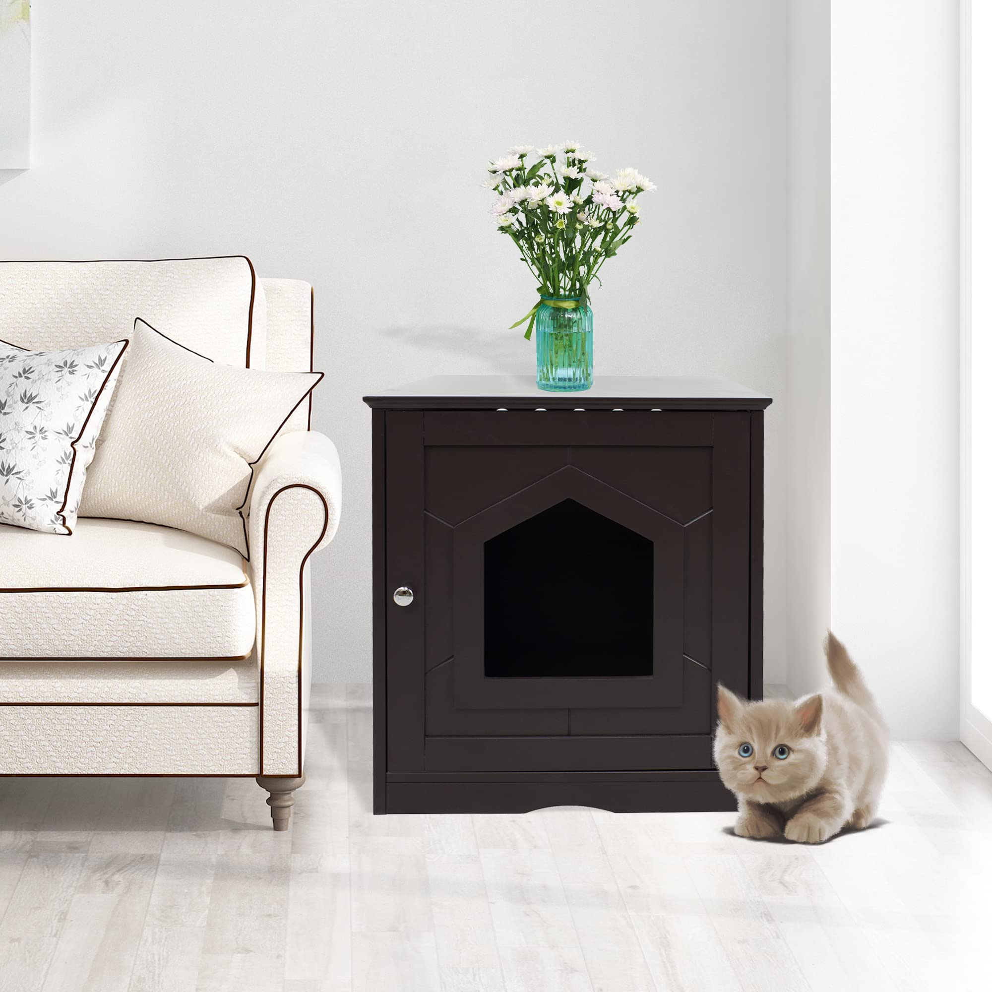 CIPACHO Wooden Cat Litter Box Enclosure - Stylish Indoor Cat House with Side Table Design, Decorative Pet Crate for Living Room & Bedroom, Brown Wooden Cat Furniture for Home Decor (Perfect for Small Spaces & Nightstand Use)