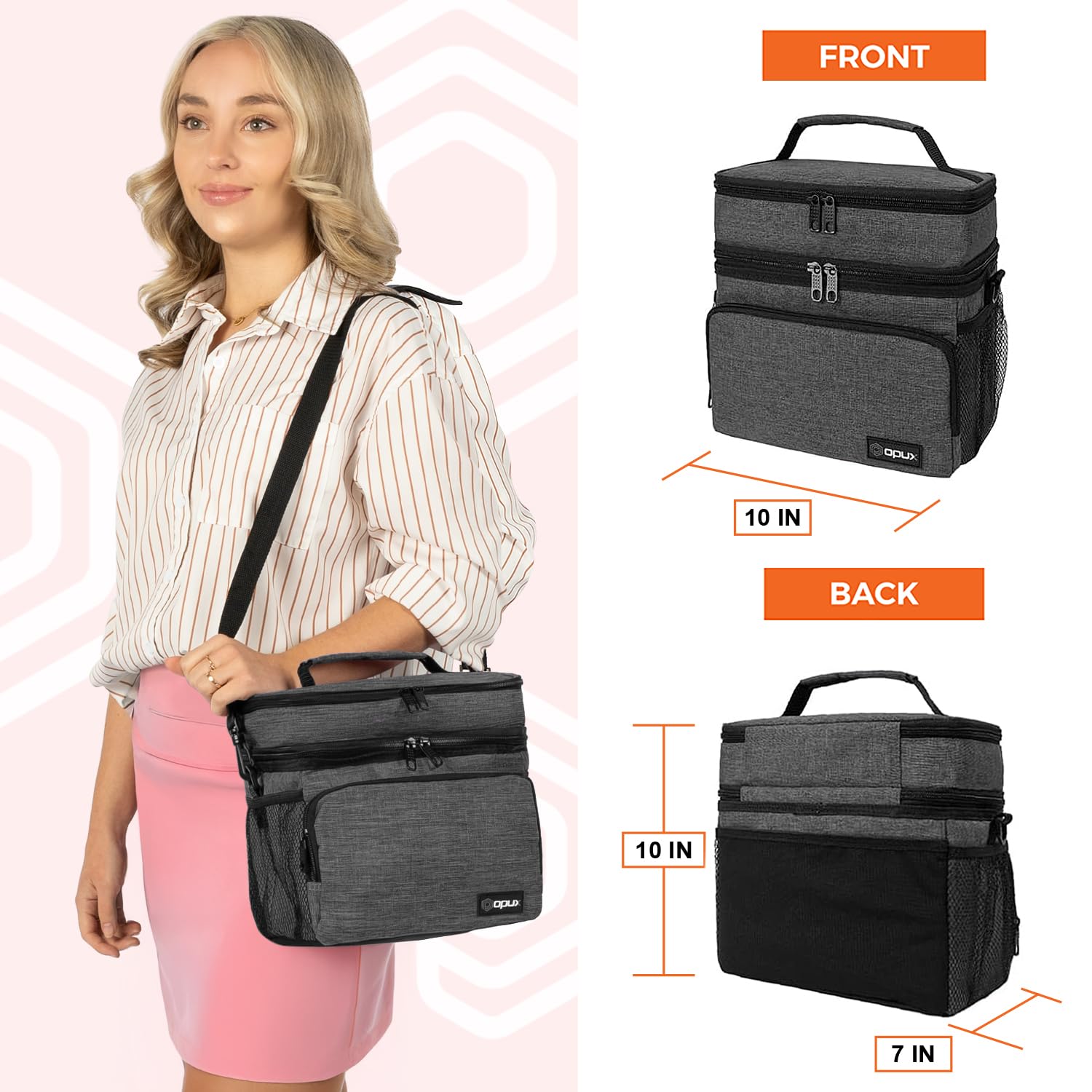 OPUX Insulated Lunch Bag for Men & Women - Large Dual Compartment Cooler Bag with Leakproof Design - Soft Two Deck Lunch Box for Work, School & Picnic - Adjustable Strap for Adults & Kids (Charcoal Gray) - Perfect for Office Meals, Outdoor Adventures & Family Outings