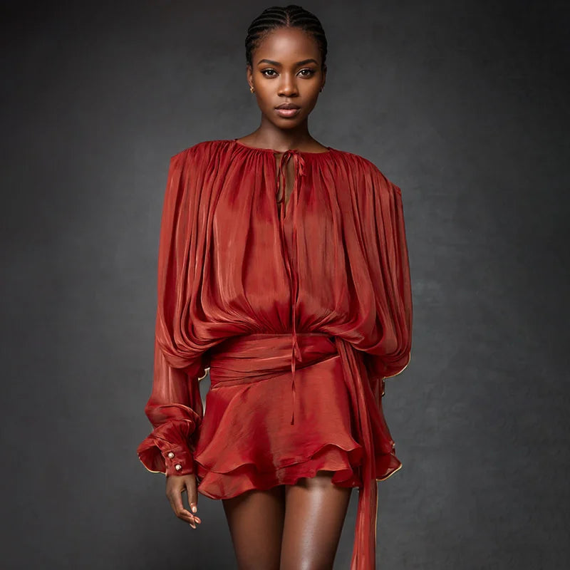 2025 Spring Women's Solid Color Lace-Up Loose Dress - O-Neck Long Sleeve High Waist Elegant Fashion Dress for Casual Wear, Office & Date Night