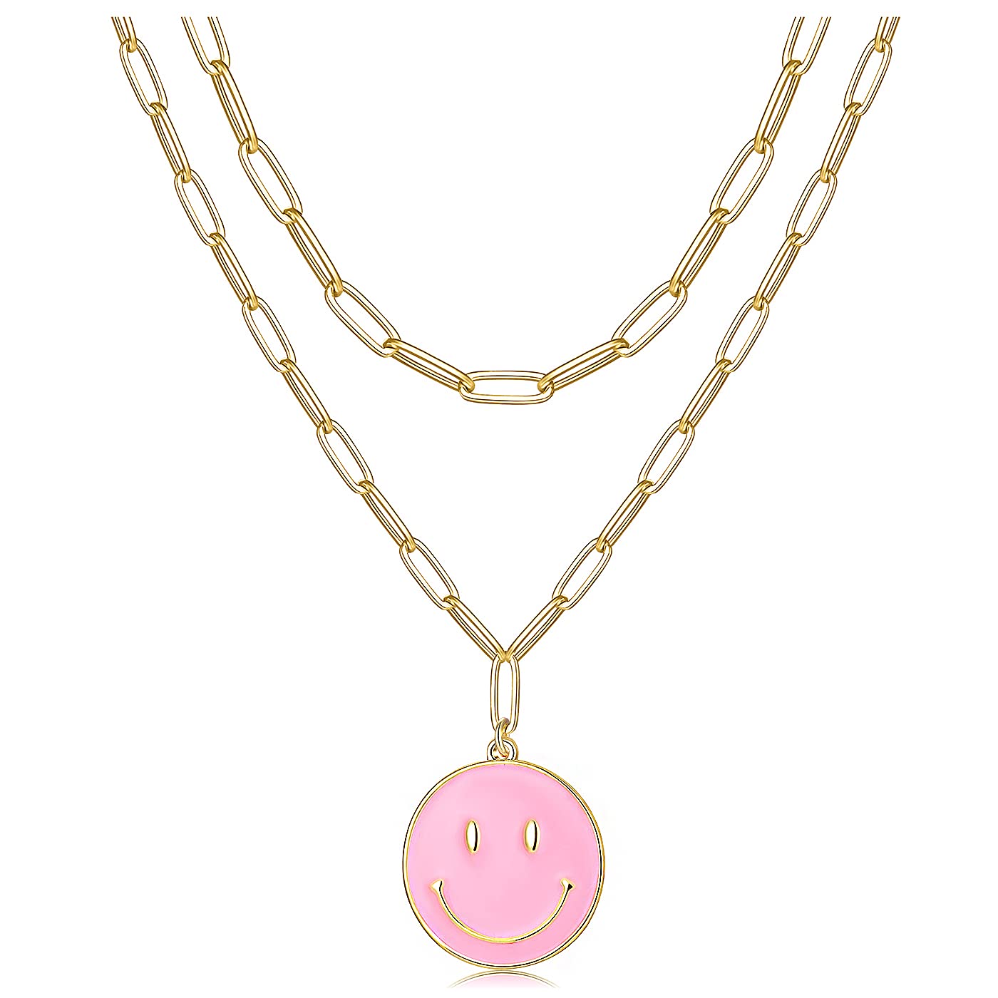 Layered Happy Face Necklace - Gold Paperclip Chain with Cute Enamel Rhinestone Pendant | Y2K Multilayered Necklace for Women & Girls | Perfect for Casual Wear, Parties & Gifts (Pink)