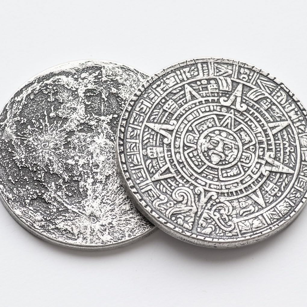 Aztec Sun Stone & Moon Worry Coin - Fine Silver Anxiety Relief Token for Stress Relief, Meditation, and Gift Giving