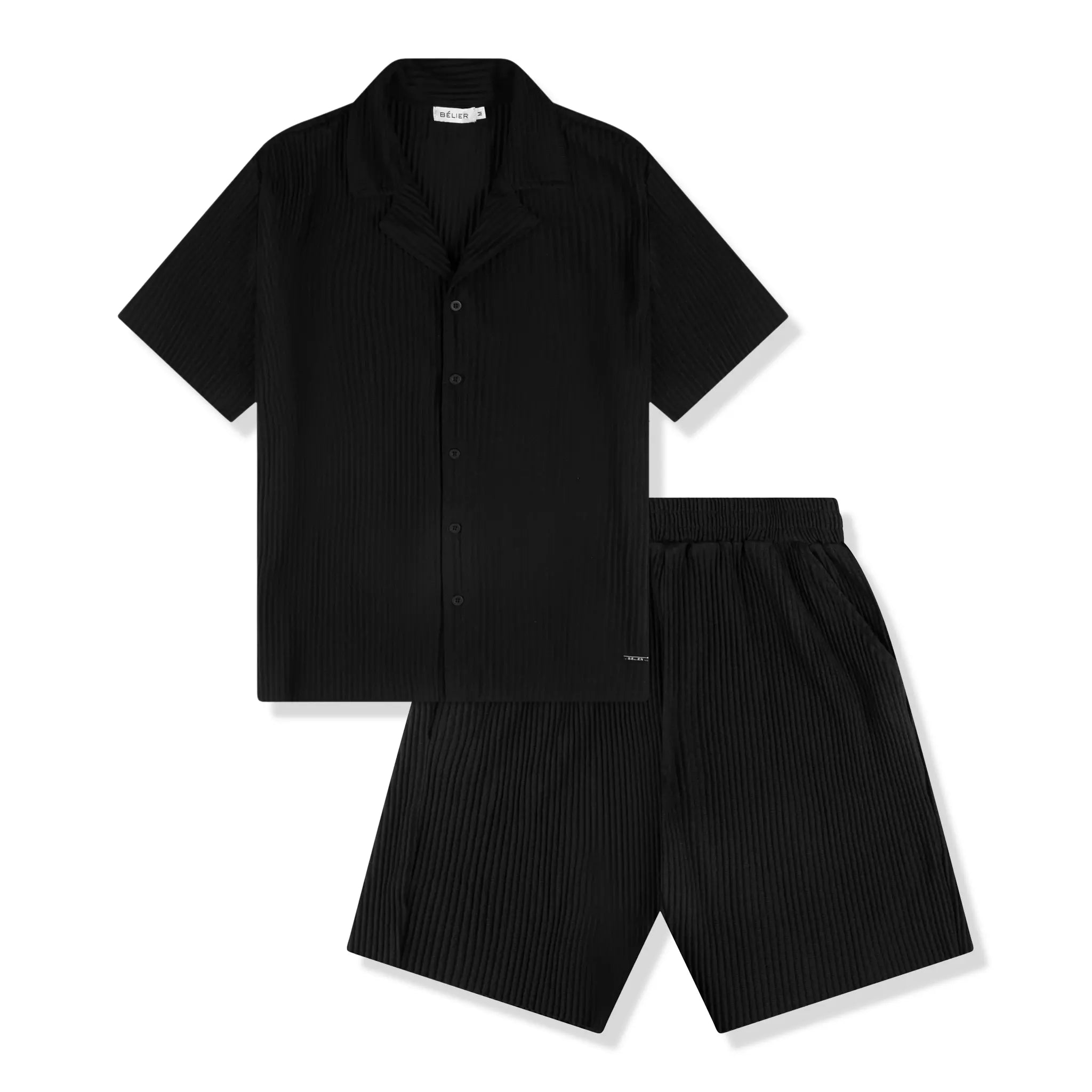 Belier Pleated Black Resort Shirt & Shorts Set - Stylish Summer Vacation Outfit for Men - Perfect for Beach, Poolside, and Tropical Getaways