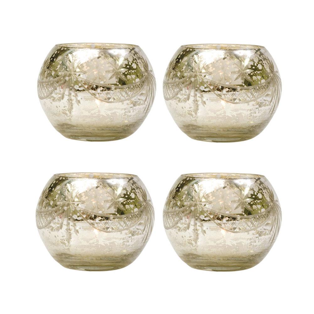 4 Pack Vintage Mercury Glass Globe Candle Holders - 3 Inch Mary Design Silver for Tea Lights | Elegant Home Decor, Wedding Centerpieces & Party Table Decorations