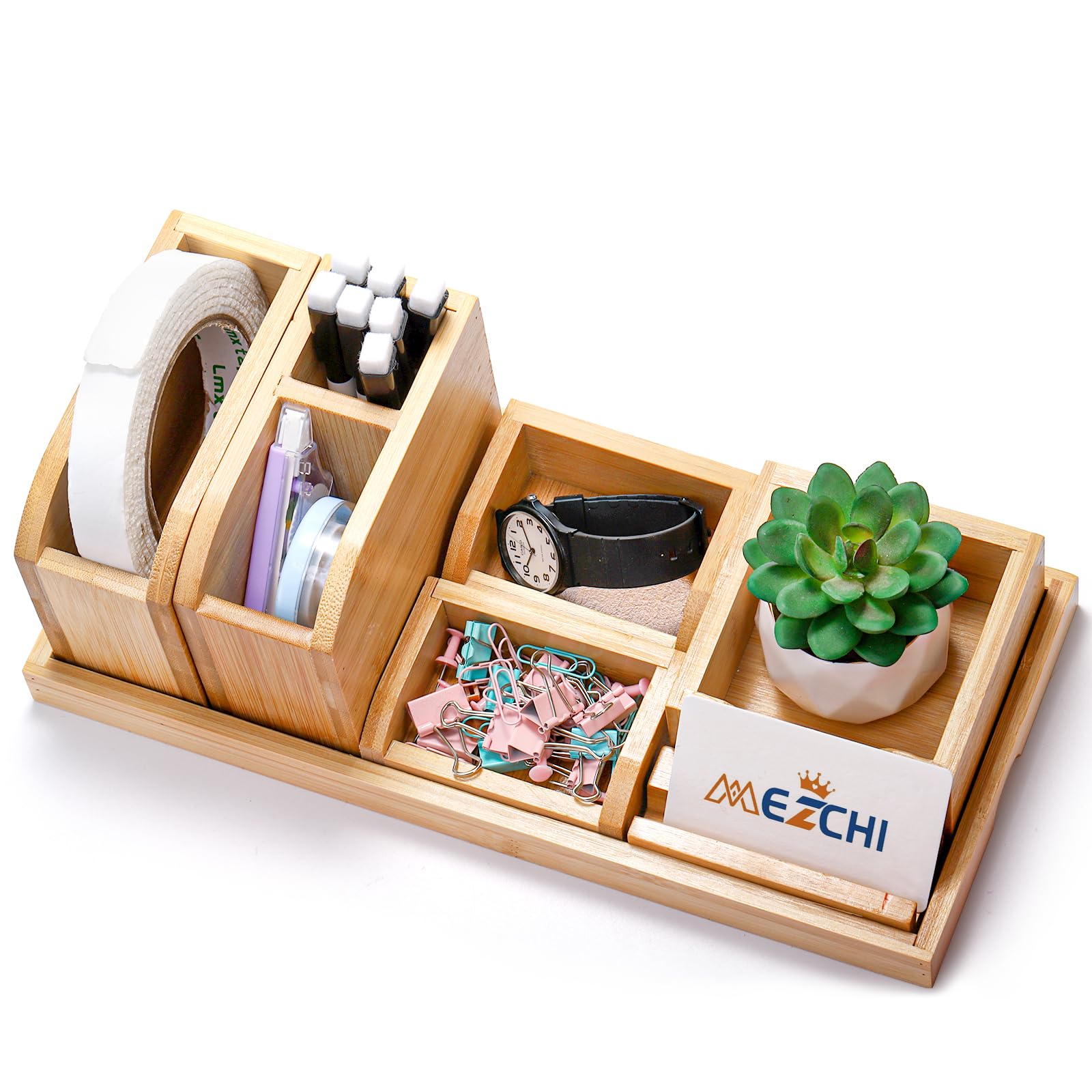 Bamboo Desk Organizer Tray Set - 7 Piece Adjustable Office Supplies Organizer with Pencil Holder, Stationery Caddy & Storage Boxes for Home Office | Perfect for Desk Organization, School Supplies & Workspace Accessories