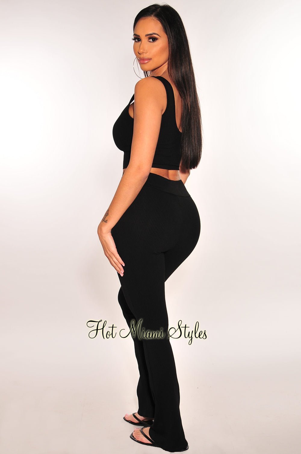 Black Ribbed Sleeveless Tank Top & Flare Pants 2-Piece Set - Women's Casual Outfit for Summer, Beach, Yoga & Streetwear Fashion