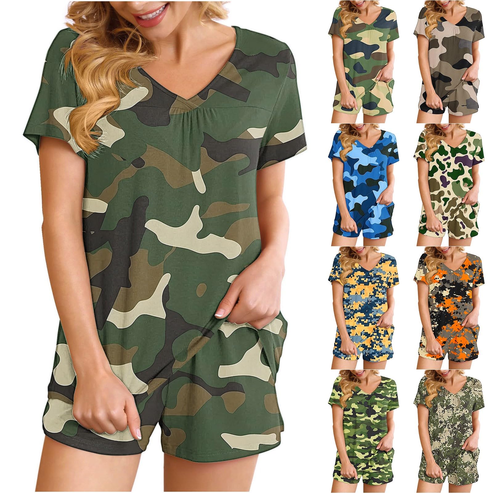 Women's Camo Print Pajama Set - Soft Short Sleeve V-Neck Sleepwear Top & Lounge Shorts | Comfortable Sleepwear for Women | Perfect for Bedtime, Lounging & Summer Nights