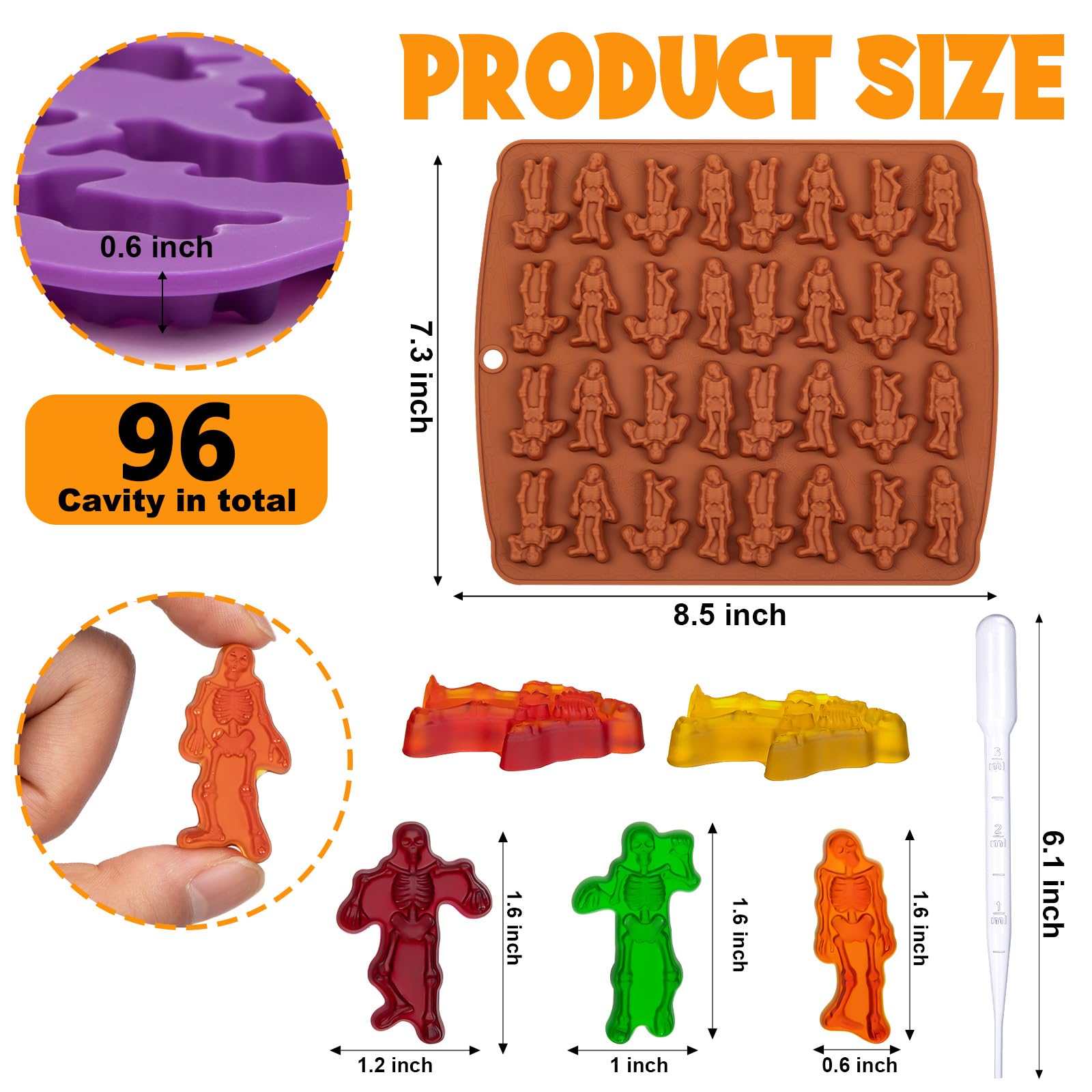 3 Pack Non-Stick Silicone Gummy Skull Candy Molds - Halloween Skeleton & Mini Skull Molds with 3 Droppers for DIY Treats, Baking, Party Favors & Spooky Decorations
