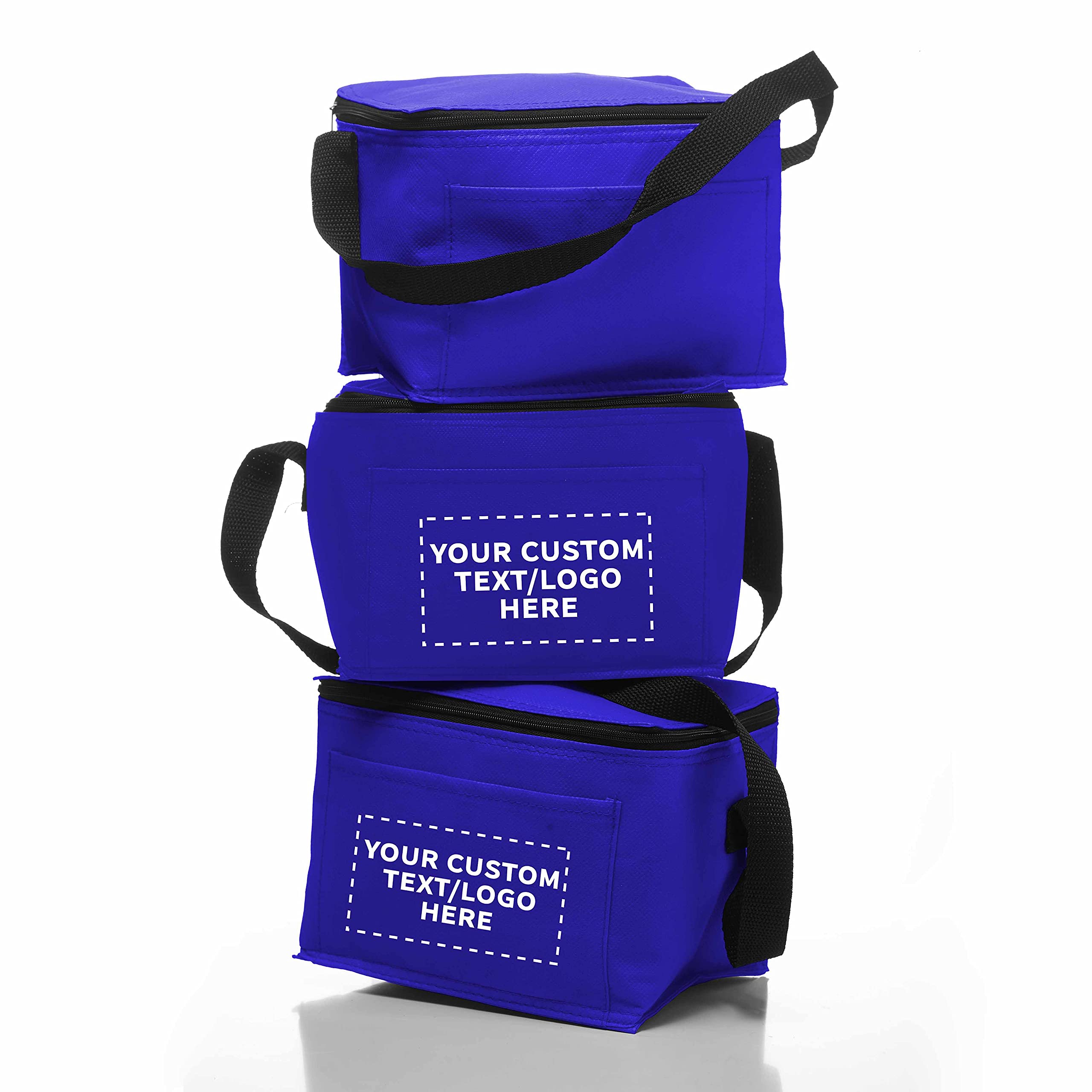 10 Pack Insulated Lunch Bags with Zipper Top - Custom Text & Logo Printing - Non-Woven Fabric, Vibrant Colors, Black Strap (Blue) - Perfect for School, Office, Picnics & Outdoor Activities