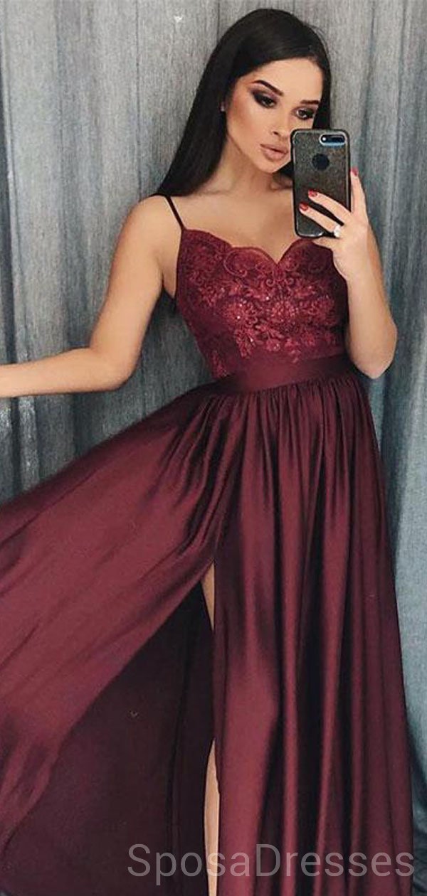 Elegant Maroon Spaghetti Strap Side Slit Long Evening Prom Dress for Women | Custom Sweet 16 Dresses | Perfect for Formal Events, Homecoming, and Special Occasions