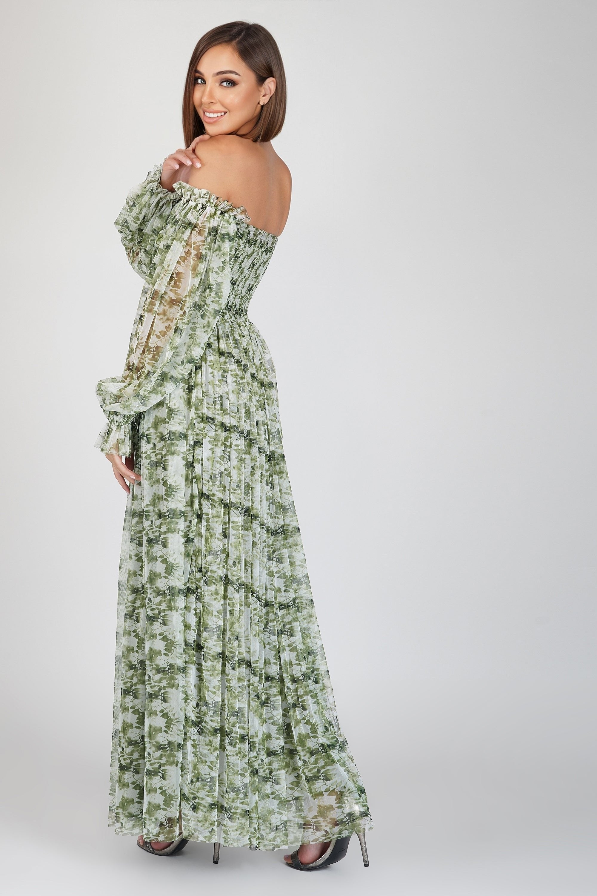 Lana Green Floral Printed Tulle Dress for Women - Elegant Party Gown for Weddings, Prom, Evening Events & Special Occasions