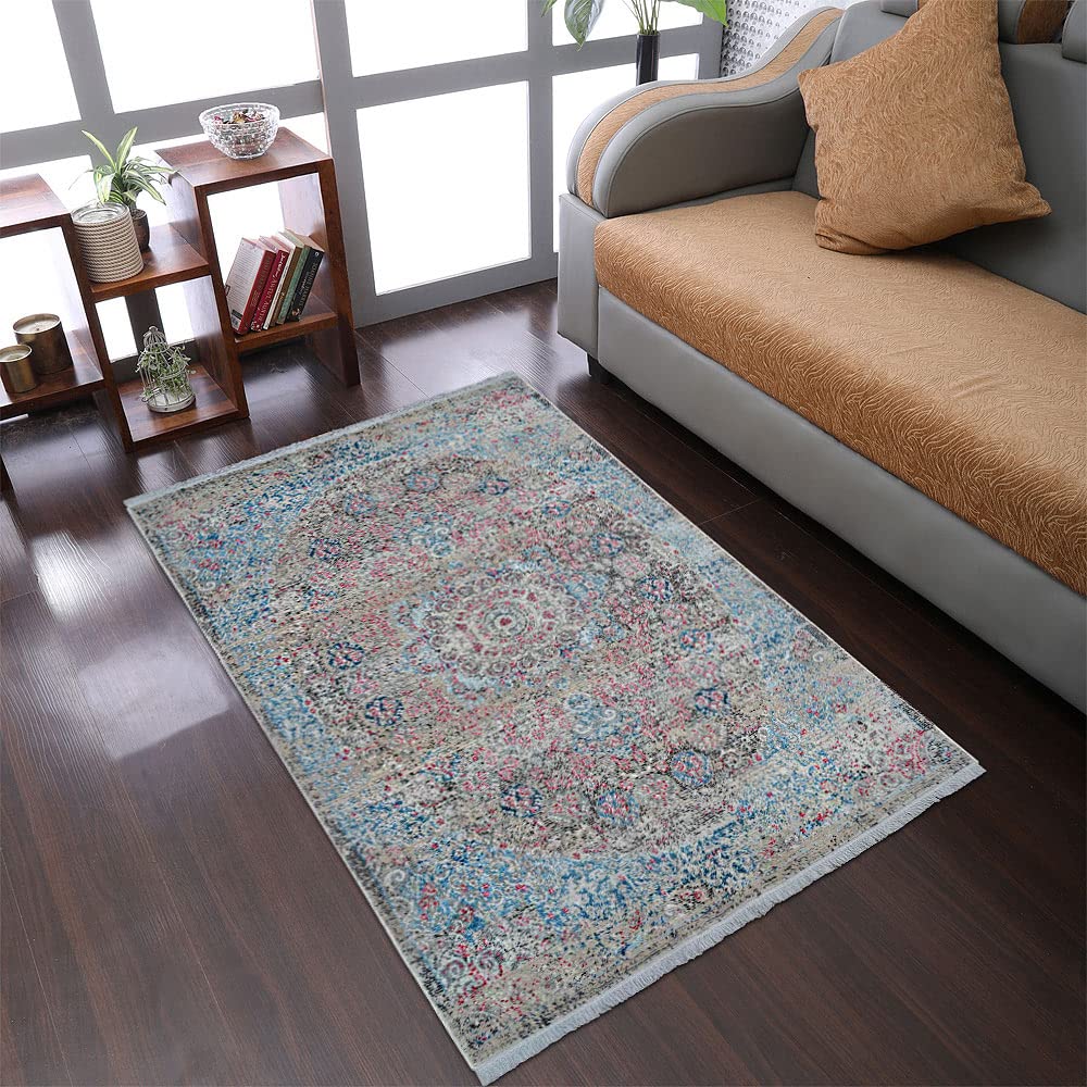 Machine Made Polyester Area Rug 5'x7'10'' - Classic Oriental Traditional Design in Beige & Blue | Low Pile Rectangle Rug for Living Room, Bedroom & Office (M00089)