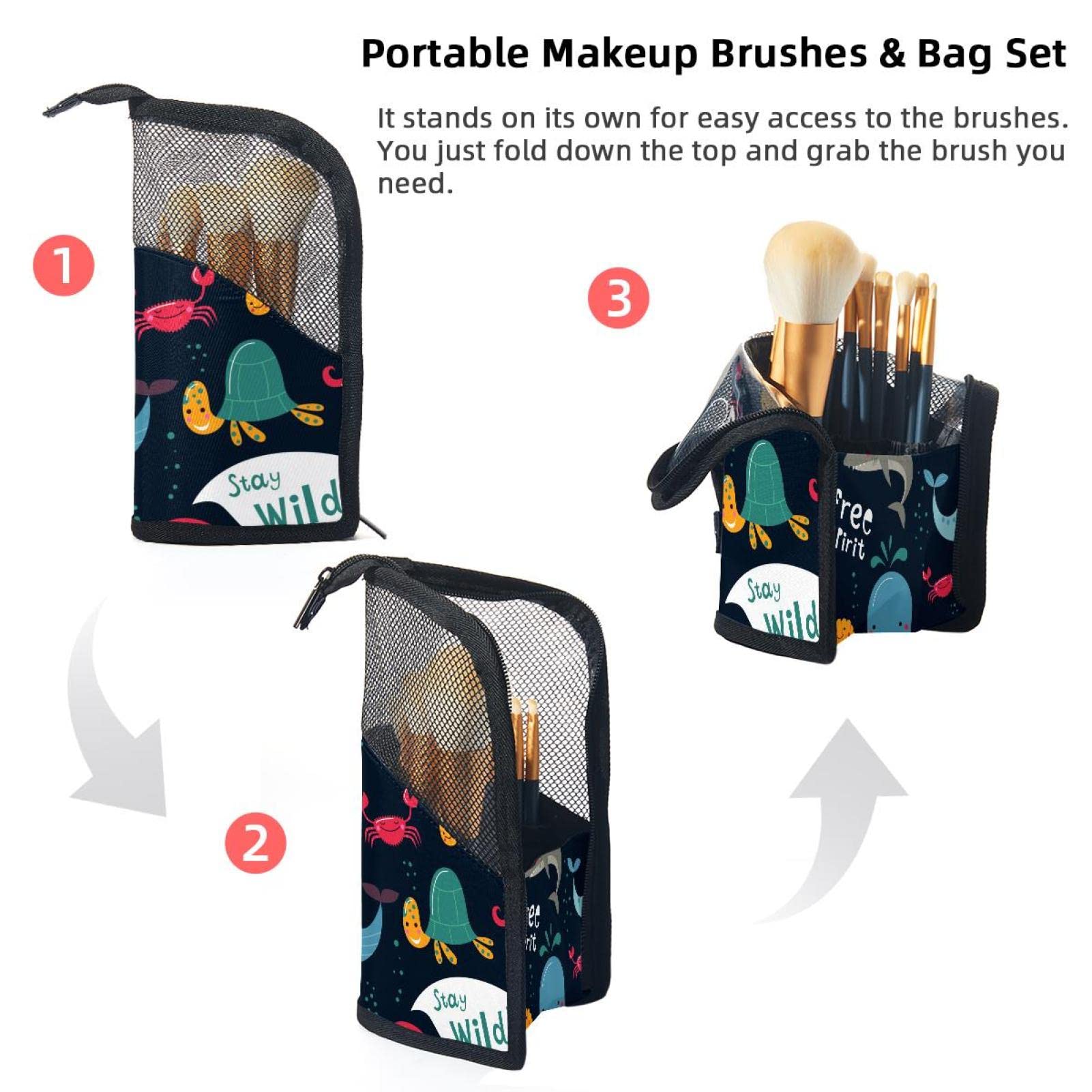 12-Piece Makeup Brush Organizer Bag with Portable Holder Case – Monsters of The Deep Sea Design – Perfect for Travel & Daily Makeup Storage