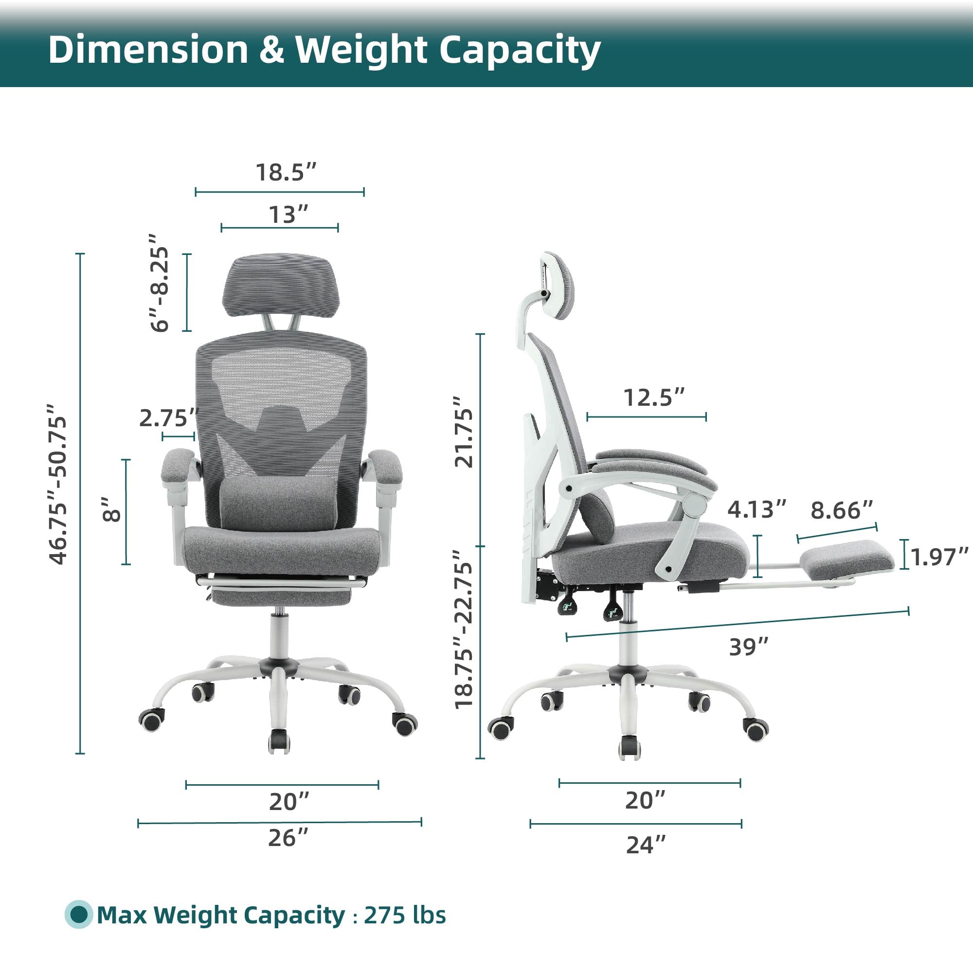 Ergonomic Office & Gaming Chair - High Back Mesh Computer Desk Chair with Lumbar Support, Adjustable Arms & Wheels - Comfortable Swivel Reclining Chair for Home Office, Gaming & Study - Perfect for Long Work Hours & Esports Sessions