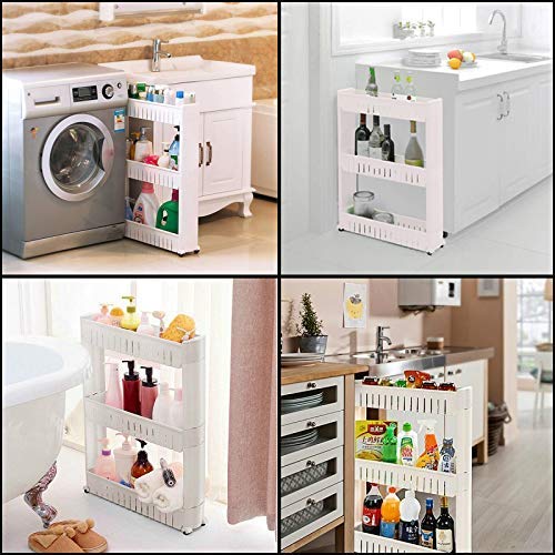 FAYBY 3-Tier Slim Space Saving Storage Organizer with Wheels | Plastic Kitchen Shelf for Narrow Spaces | Multi-Purpose Home & Office Use | Ideal for Kitchen, Bathroom, Pantry Organization (White)