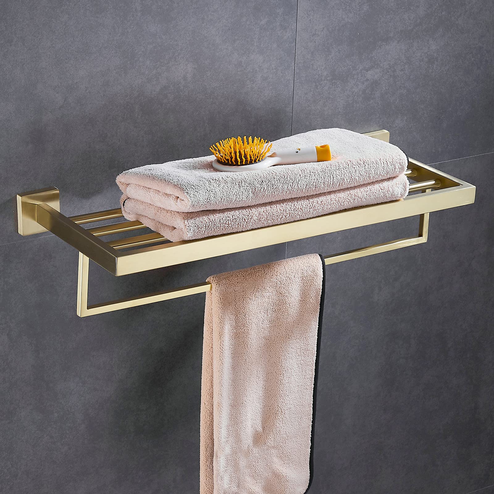 Premium Brushed Gold 24-Inch Bathroom Towel Rack - SUS 304 Stainless Steel Wall Mounted Towel Holder with Shelf - Modern Luxury for Bathroom, Lavatory & Spa Decor