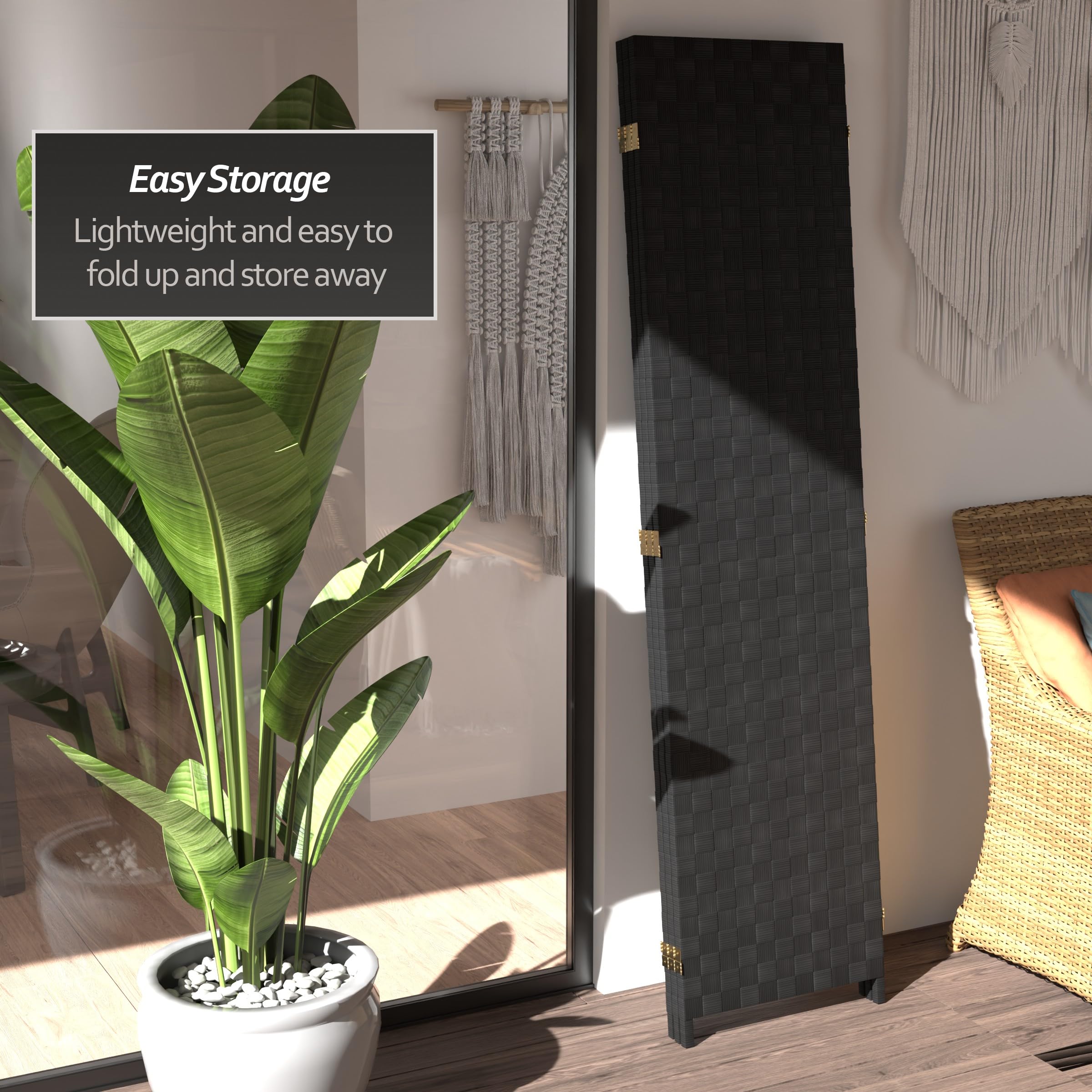 6 ft Tall Black Woven Fiber Outdoor Room Divider - All Weather 3 Panel Red Lantern Design for Patio, Garden, and Backyard Privacy