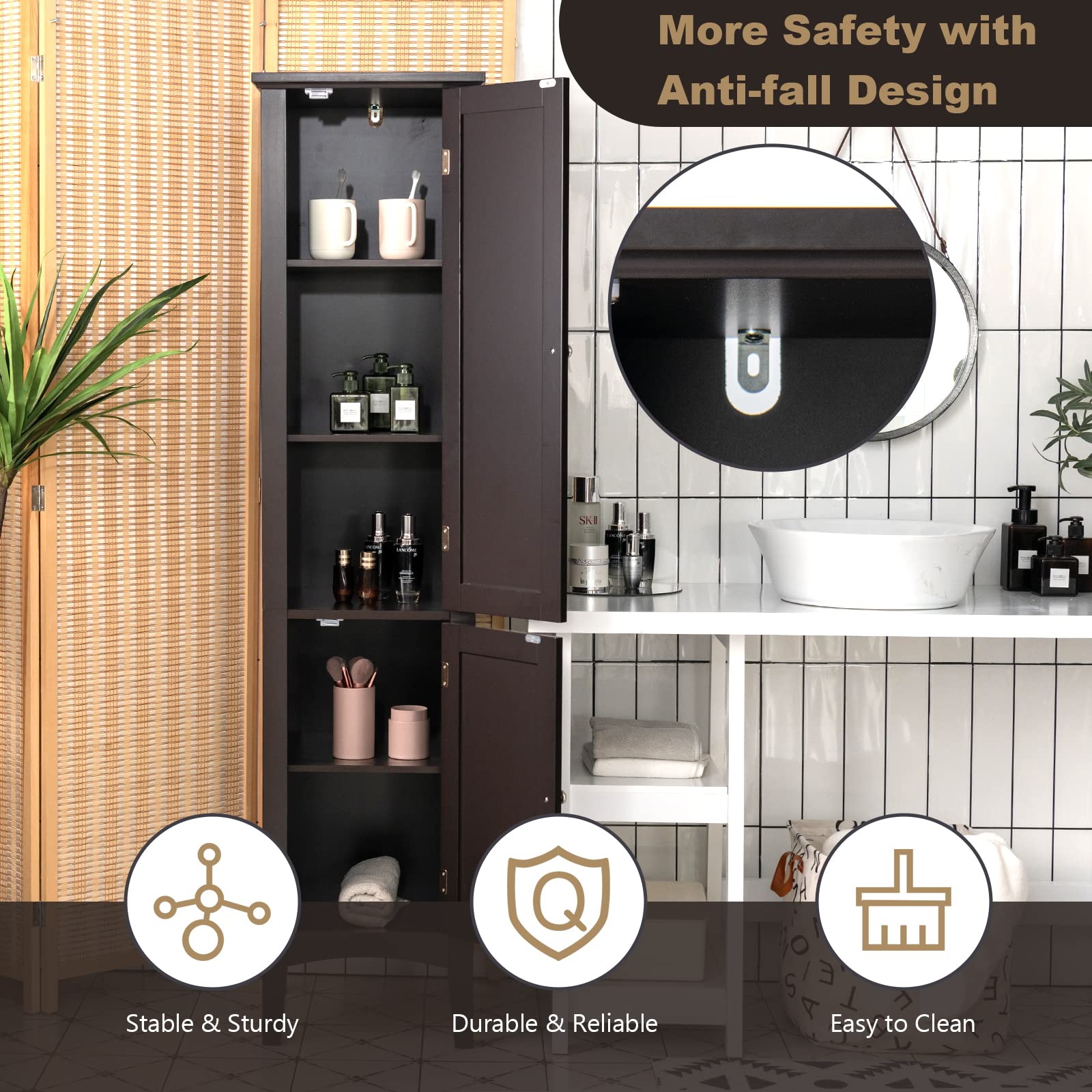 Tangkula 5-Tier Tall Bathroom Storage Cabinet - Freestanding Wooden Tower Organizer with 2 Doors & Shelves for Bathroom, Living Room, Kitchen - Narrow Floor Cabinet (Brown) | Perfect for Small Spaces, Apartment Storage & Home Organization