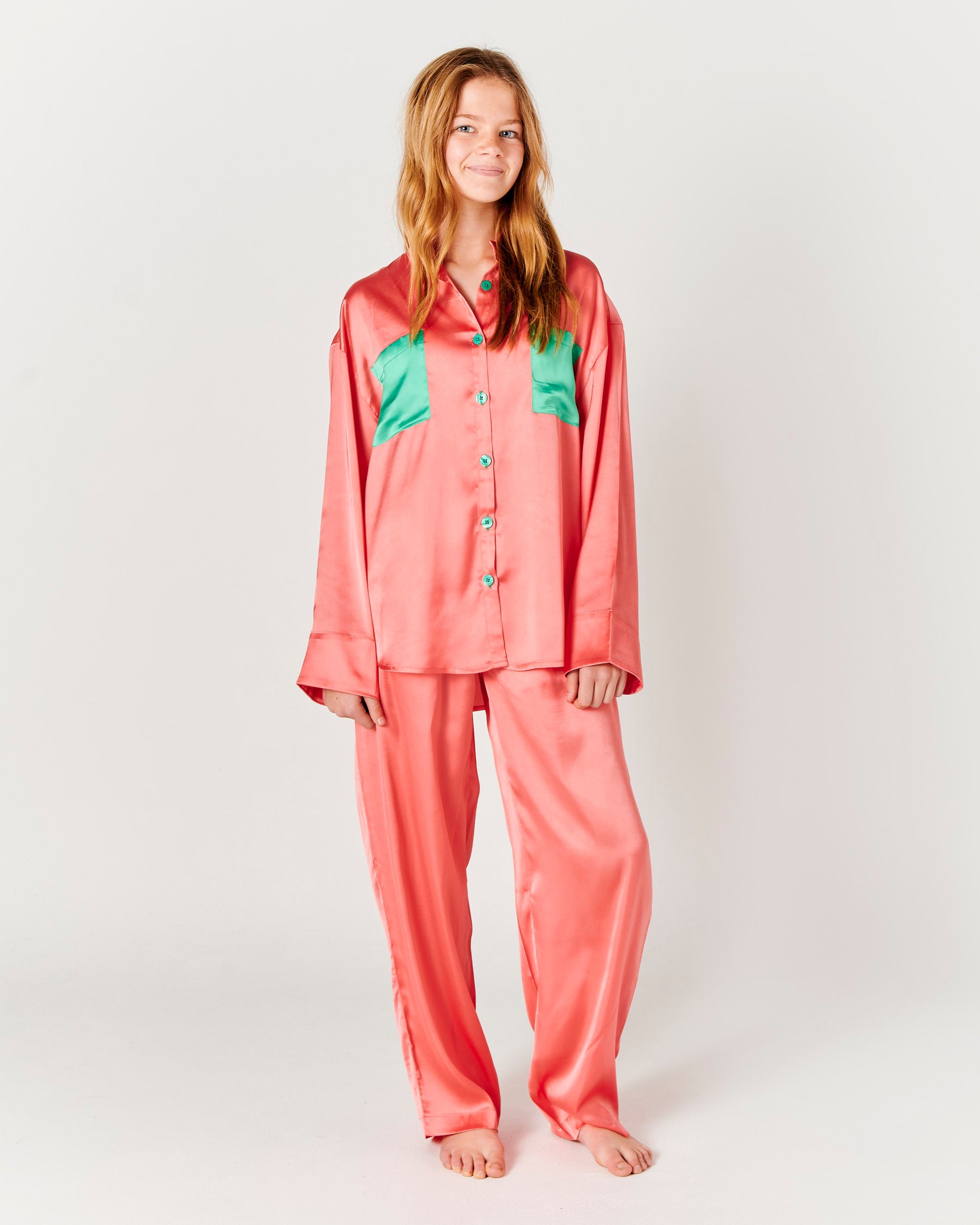 Eco-Friendly Satin Long Sleeve Pajama Set for Teens - Cantaloupe Color, Soft & Comfortable Sleepwear for Girls - Perfect for Sleepovers, Relaxing at Home, and Cozy Nights