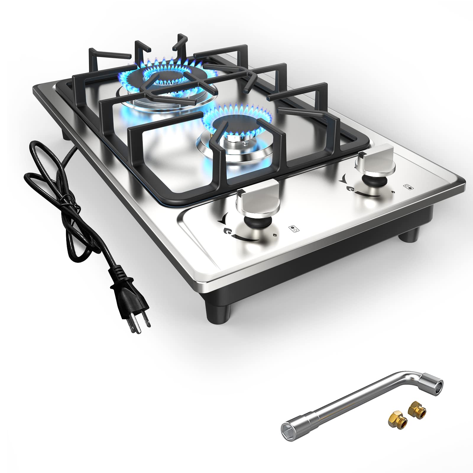 ANHANE 12 Inch 2 Burner Gas Cooktop - Portable Stainless Steel LPG/NG Dual Fuel Built-in Stove for RV, Apartment, Camping & Outdoor Cooking | Perfect for Small Kitchens, Tailgating & Emergency Preparedness
