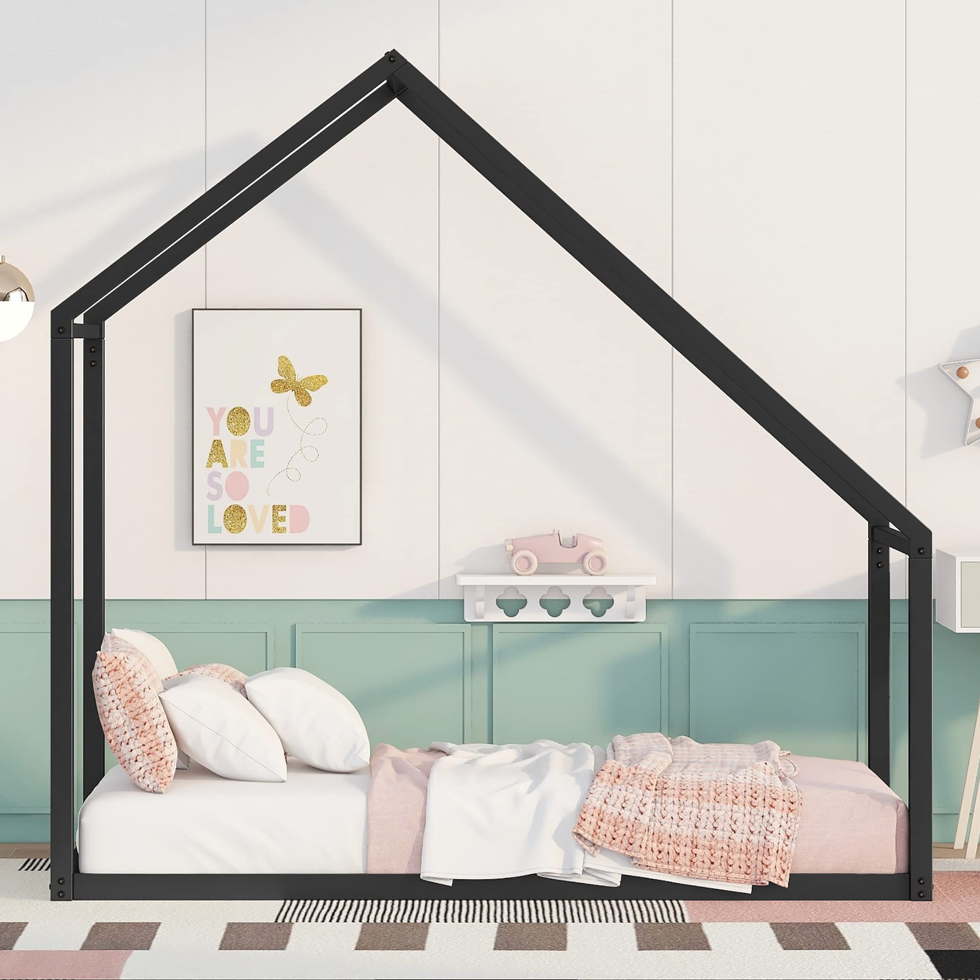 Metal Twin Size House Bed Frame with Roof - Sturdy Kids & Teen Bed for Boys & Girls Bedroom - Black Metal Design - Perfect for Toddler Sleep & Play Areas