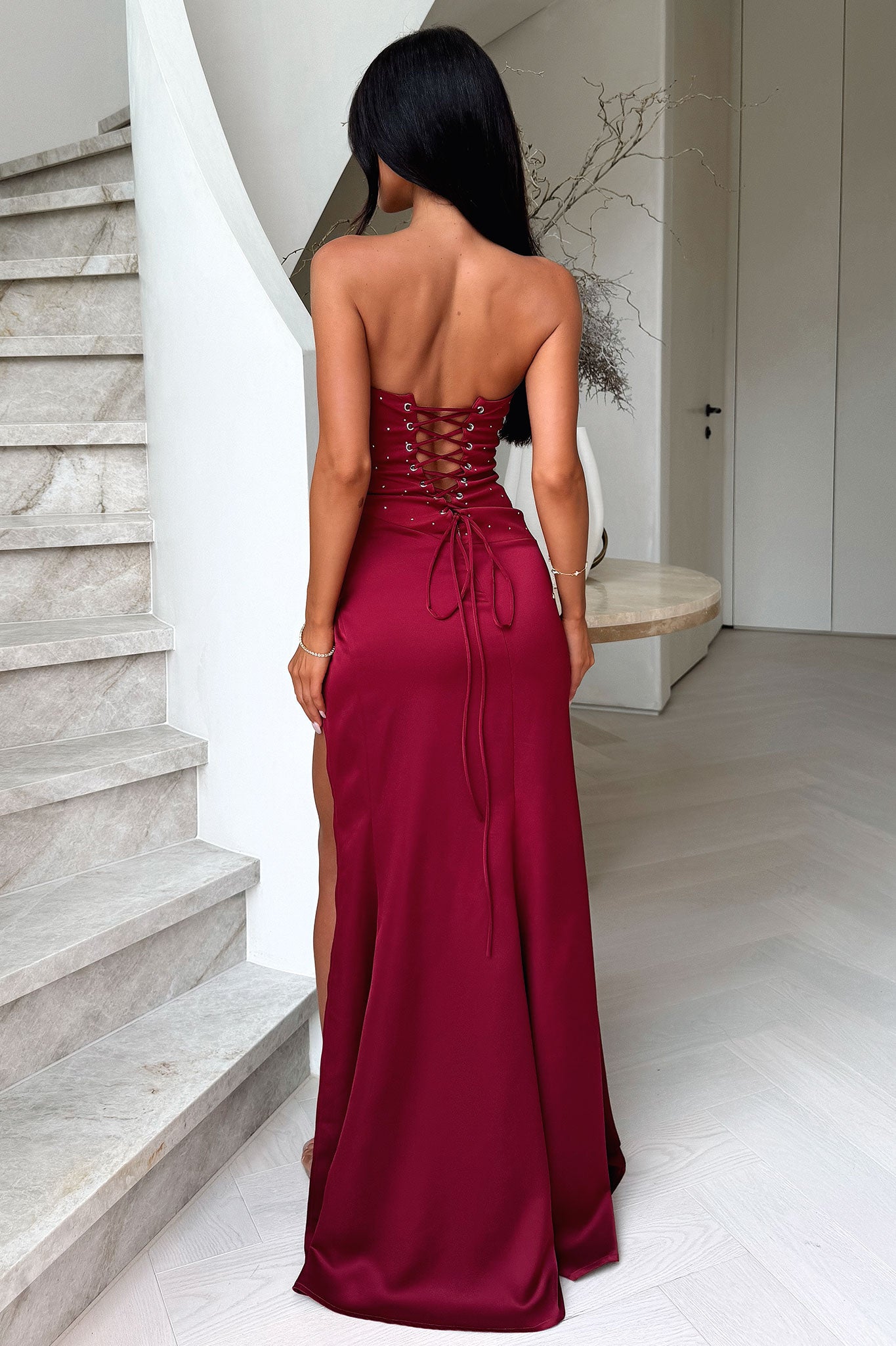 Manali Strapless Corset Maxi Dress in Burgundy - Elegant Formal Gown for Weddings, Prom & Evening Events