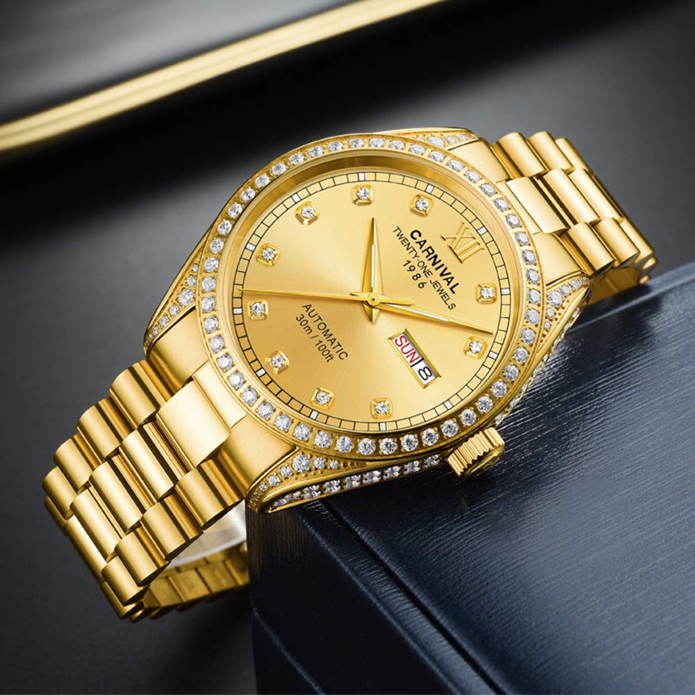 Luxury Automatic Men's Watch - Waterproof, Gold Plated, Synthetic Sapphire Crystal with Diamond Accents - Perfect for Business, Formal Events & Gifts