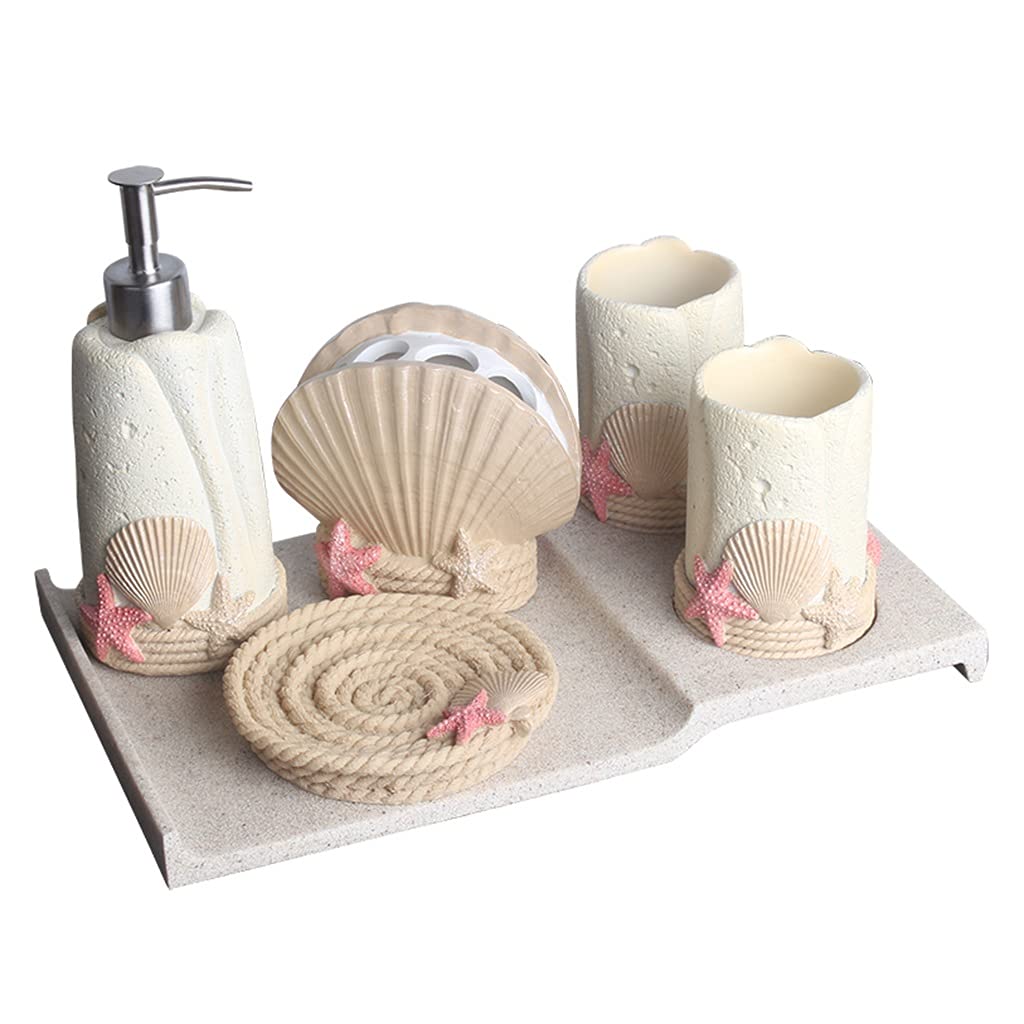 6-Piece Beach Shell Bathroom Accessories Set - Lotion Bottle, Mouthwash Cup, Toothbrush Holder, Soap Dish & Tray in Beige | Coastal Decor for Bathroom Vanity, Guest Bath & Beach House Decor