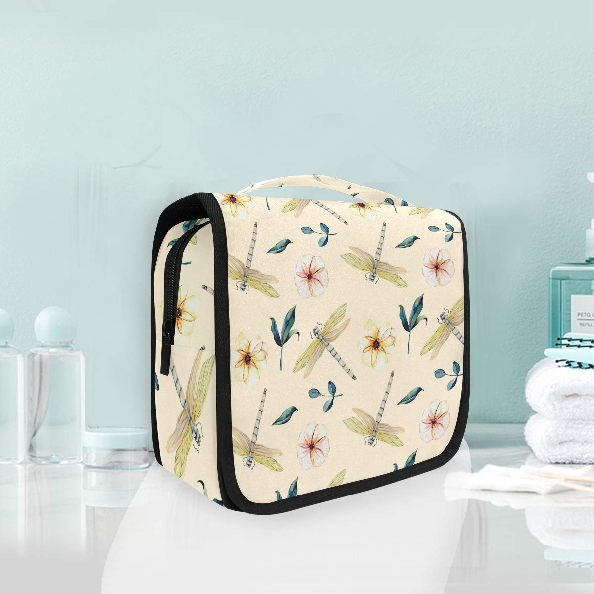 MOYYO Waterproof Hanging Toiletry Bag for Women - Pink Floral with Dragonfly Design, Travel Cosmetic Organizer, Makeup Pouch for Shower, Gym & Vacation | Perfect for College Girls, Business Trips & Camping Accessories