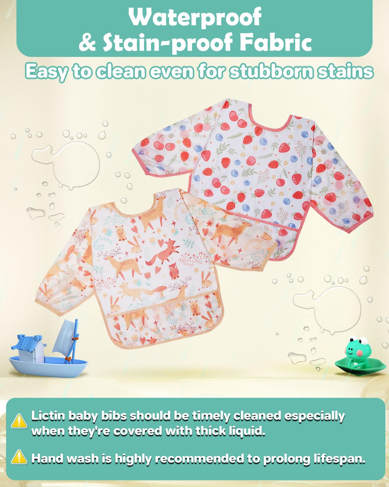 Lictin 3 Pack Baby Bibs for Boys & Girls - Waterproof Long Sleeve Toddler Bibs with Cute Designs - Perfect for Feeding, Mealtime & Messy Play