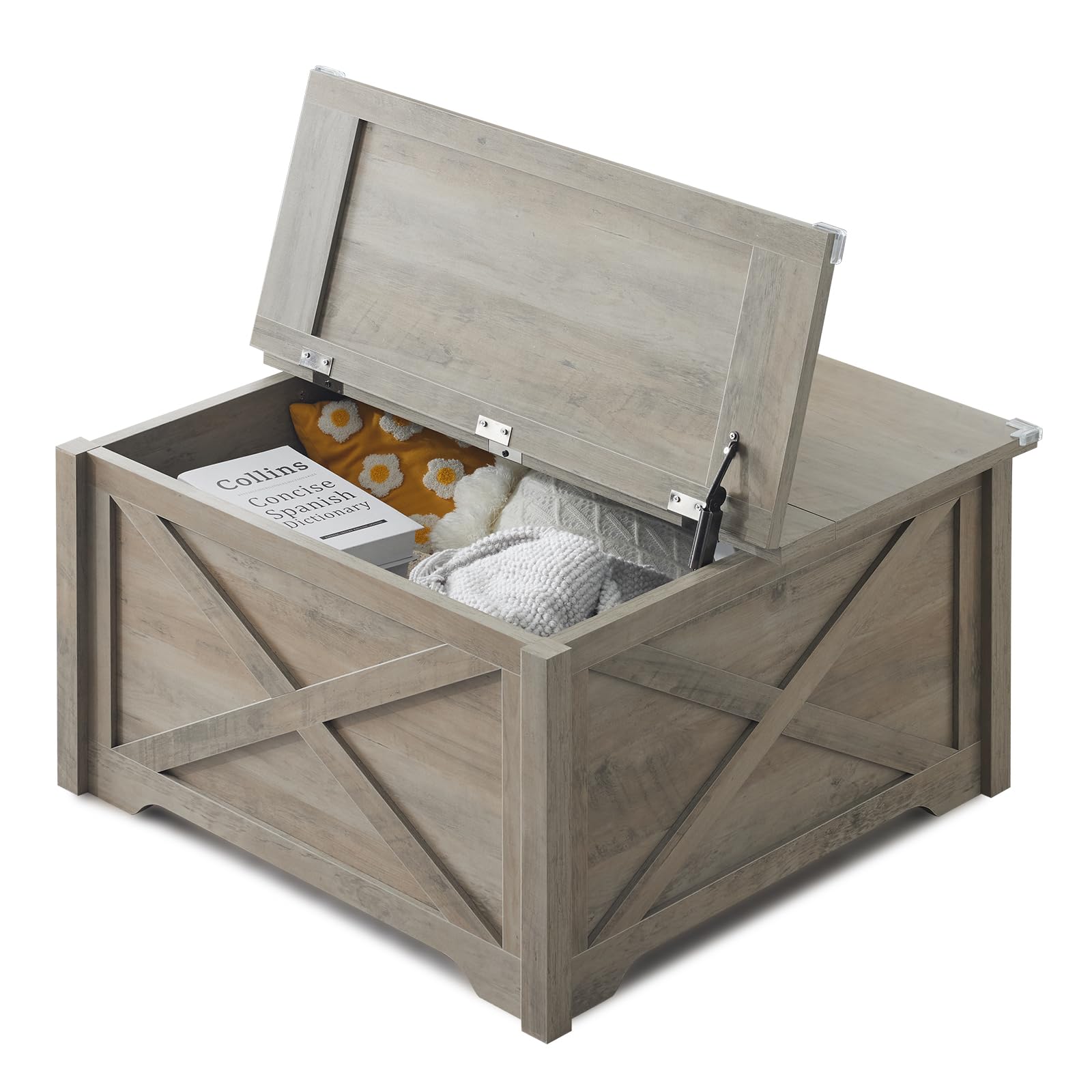 Karl Home Square Coffee Table with Storage - Farmhouse Rustic Gray Wooden Center Table with Hinged Lifting Tabletop - 31.5