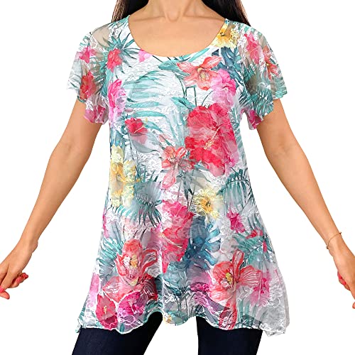 Flutter Short Sleeve - Tropical Floral/White Stretch Lace