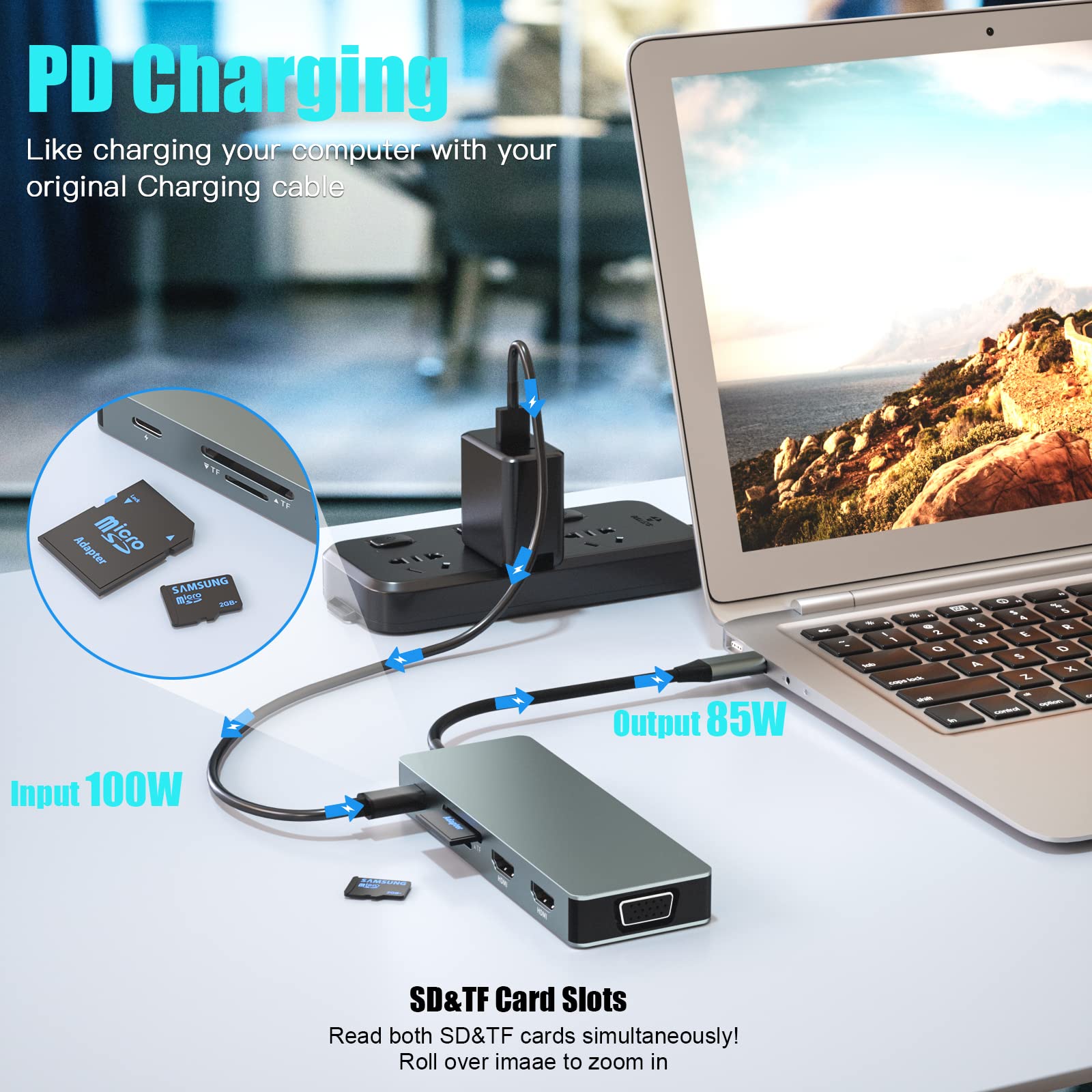 10-in-1 USB C Hub Multiport Adapter with 2 HDMI, VGA, 100W PD, 3 USB 3.0 Ports, SD/TF Card Reader - Triple Display Laptop Docking Station for MacBook Air/Pro, Dell, HP, XPS - Perfect for Home Office, Gaming & Multi-Screen Productivity