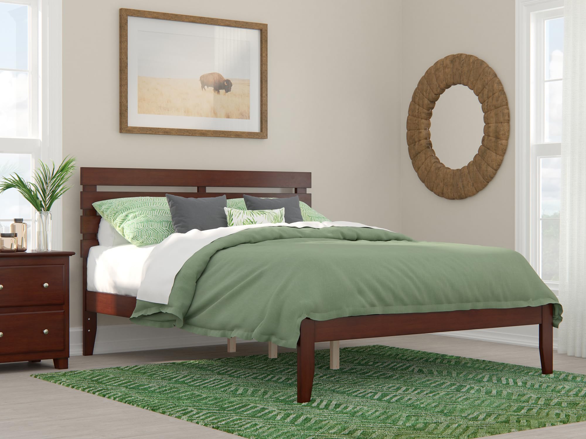 AFI Oxford Queen Size Platform Bed with USB Charging Station in Walnut Finish - Modern Bedroom Furniture with Storage Space for Small Apartments