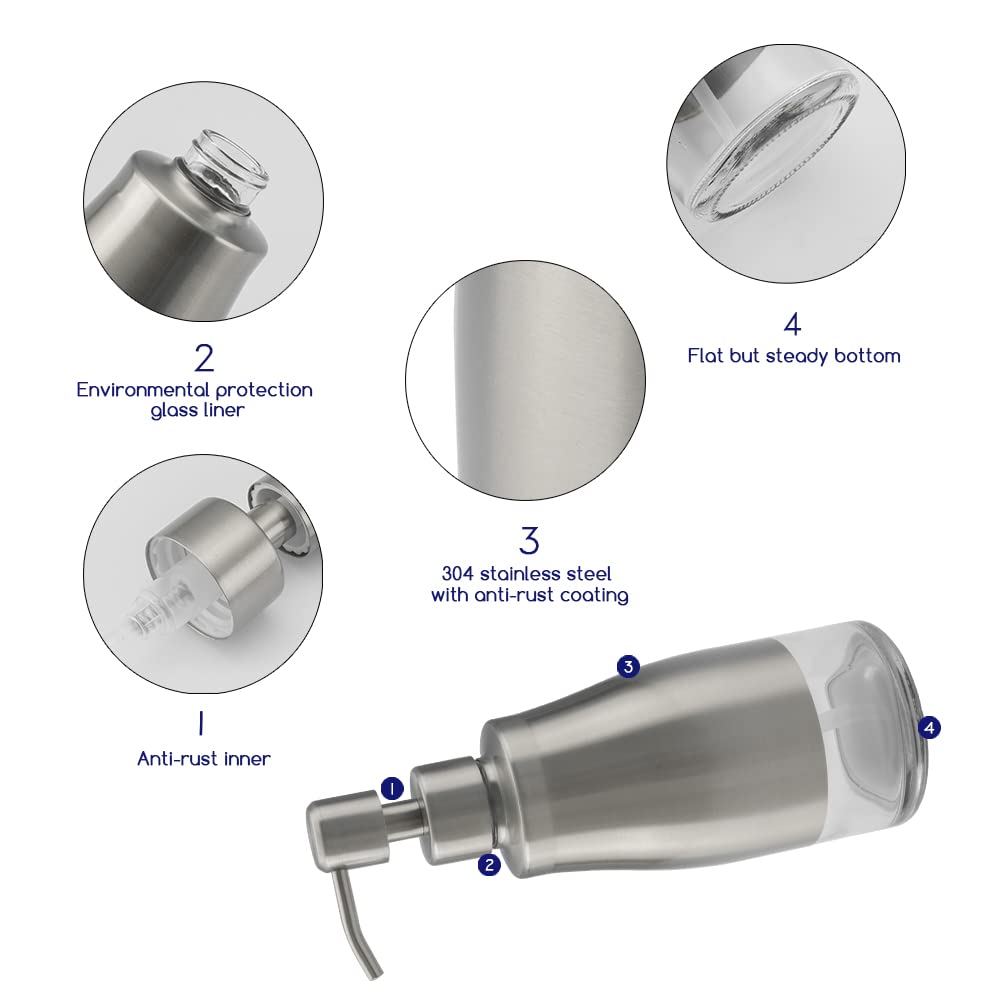 Premium Brushed Nickel Stainless Steel Glass Soap Dispenser Set with Silicone Tray & Stickers - Refillable Hand & Dish Soap Dispenser for Kitchen Sink, Bathroom Countertop - Elegant Home & Office Decor