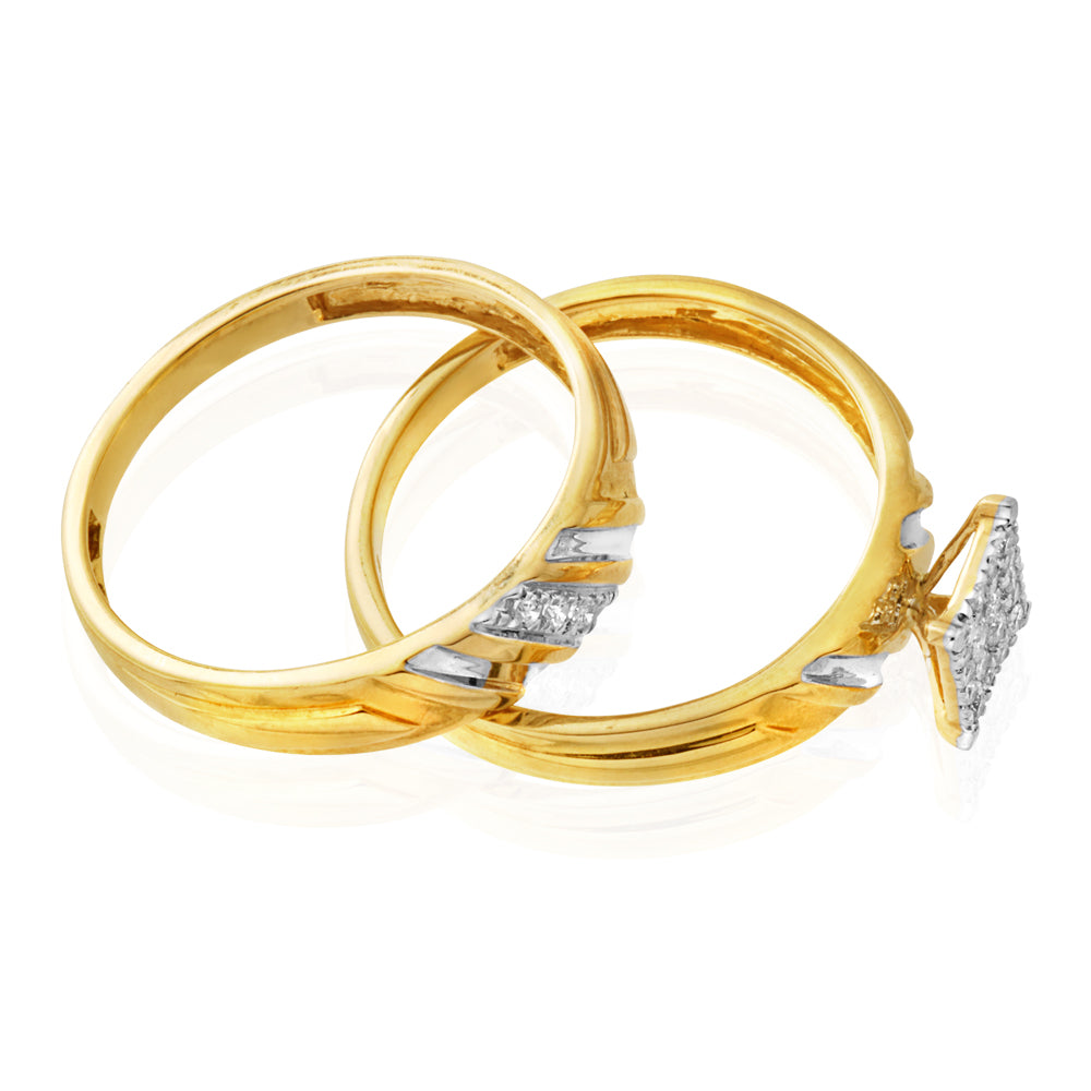 9ct Yellow Gold 2 Ring Diamond Bridal Set with 0.20 Carat Diamonds - Perfect for Engagement, Wedding & Anniversary Gifts