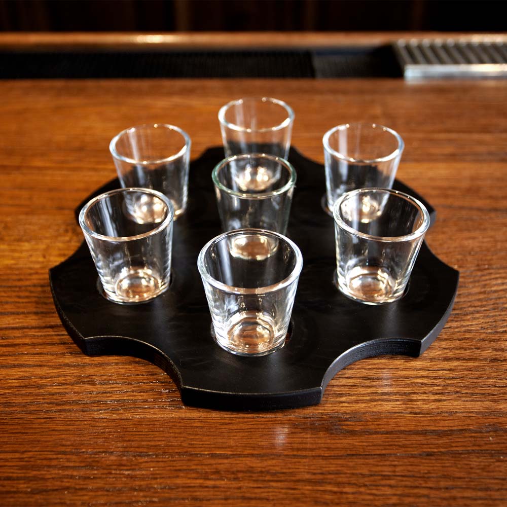 6 Shooter Wooden Shot Glass Holder & Bottle Topper Set - Black or Stained Finish - Perfect for Home Bars, Parties, and Whiskey Lovers