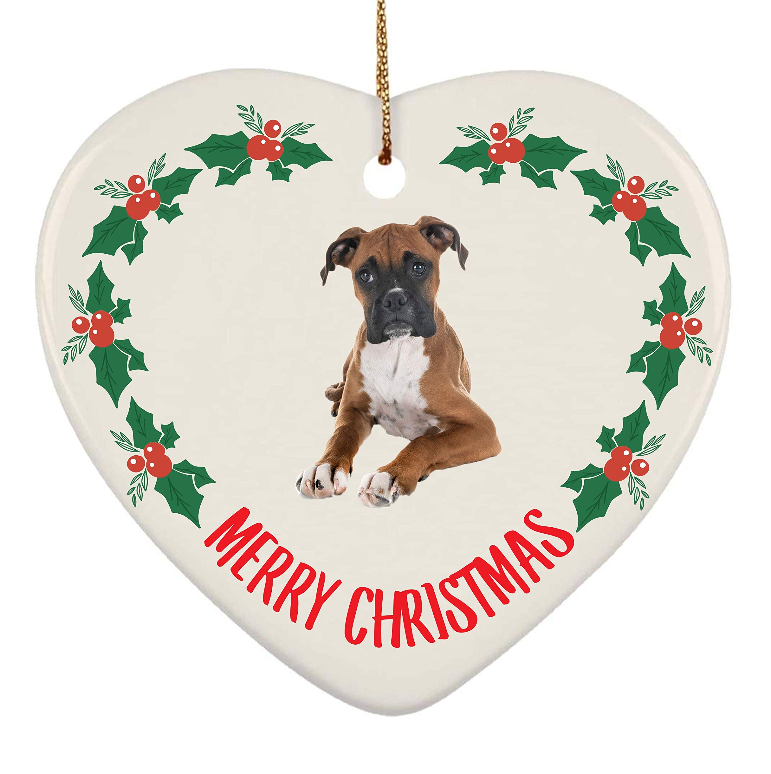 2024 Christmas Tree Ornaments Set - Ceramic Heart Decor with Boxer Brown Fawn Design | Perfect for Holiday Gifts, New Year 2025 Decorations & Festive Home Decor