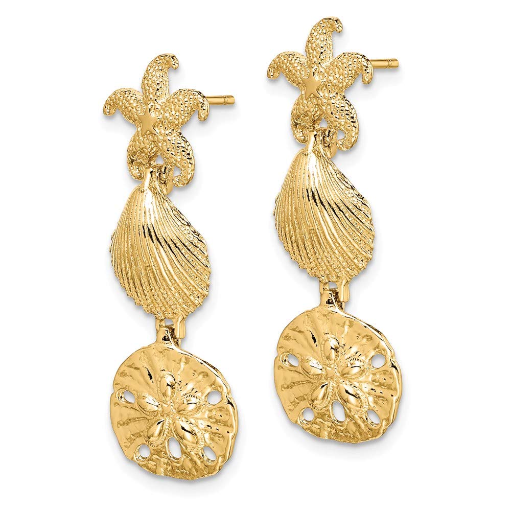 14K Yellow Gold Starfish Shell and Sand Dollar Dangle Earrings - Elegant Beach Jewelry for Women, Perfect for Summer Vacations, Weddings & Boho Fashion