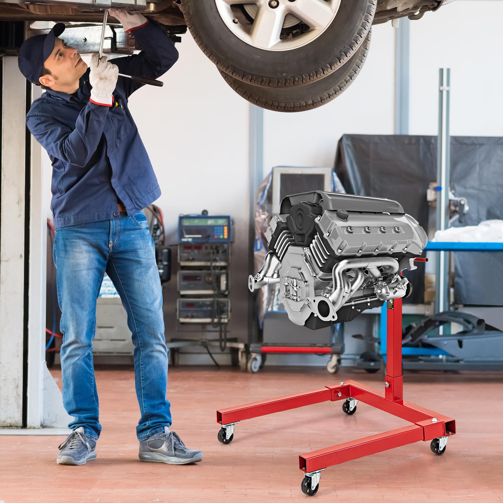 3/4 Ton Engine Hoist Stand with 4 Adjustable Arms & 360° Rotating Head - Heavy Duty 1500 lbs Capacity Engine Motor Stand for Garage, Workshop, Auto Repair - Features 3/4